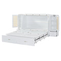 Queen Size Murphy Bed Wall Bed With Drawer And Rattan Decoration With 2 Storage Cabinets, One Set Of Sockets & Usb Ports, Pulley Structure Design, White Queen White Plywood
