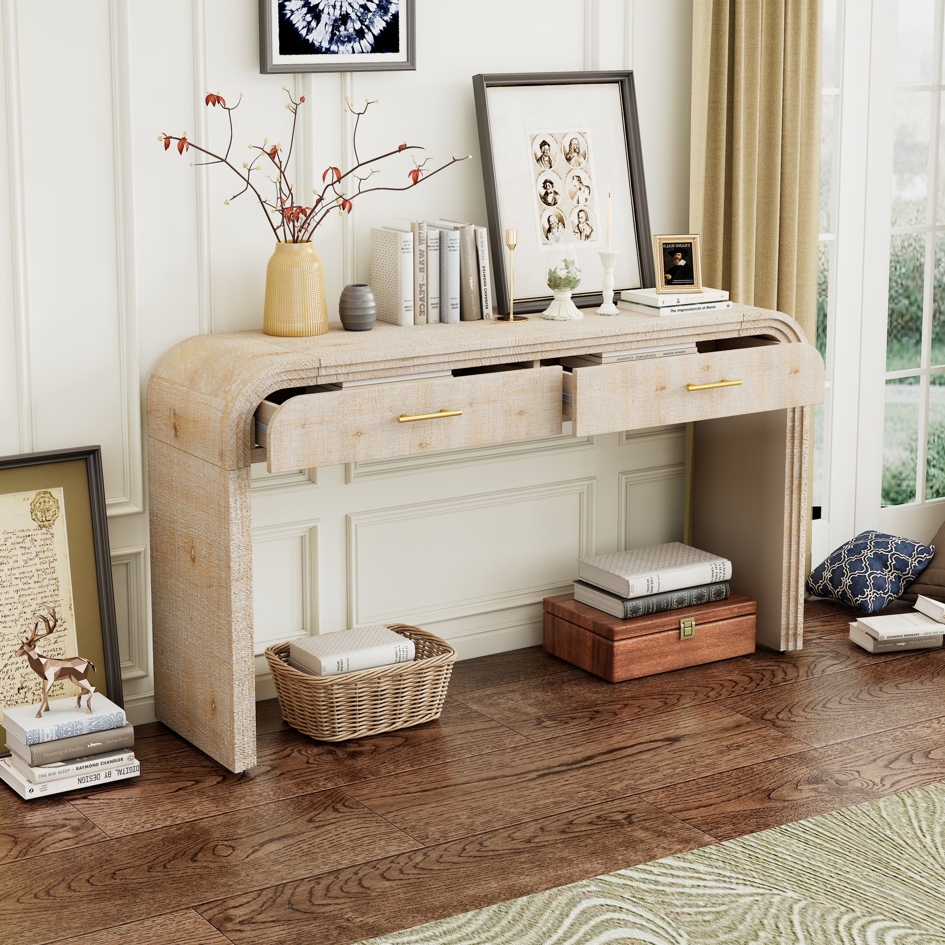 Unique Retro Console Table With Open Style, Two Top Drawers For Entrance, Dinning Room, Living Room Natural Wood Wash Natural Wood Wash Mdf