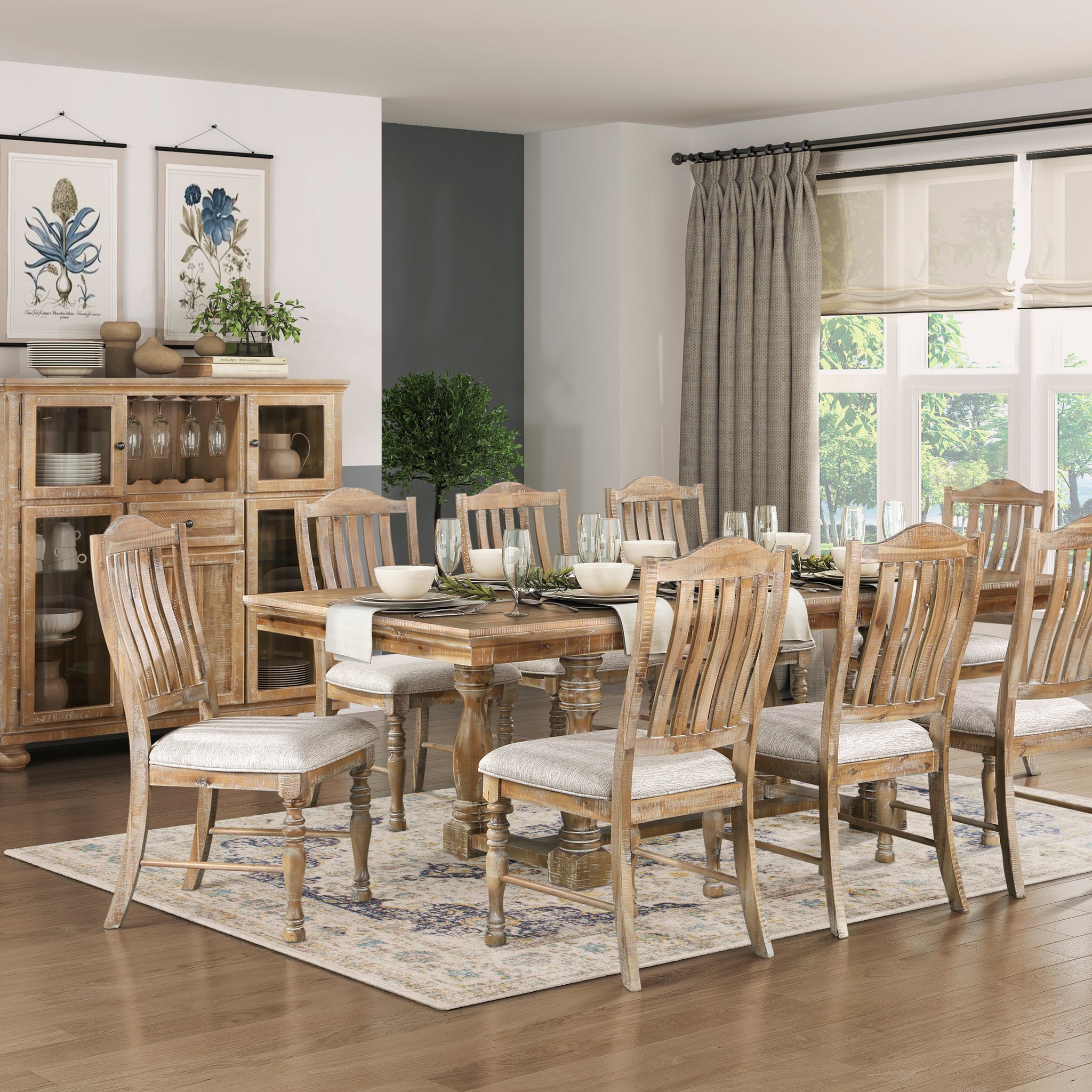 Traditional Dining Set 9Pc Extendable Table And 8 Side Chairs Wheat Finish Wooden Dining Kitchen Furniture Wood Wood Wheat Seats 8 Wood Dining Room Removable Leaf Extendable Trestle Rectangular