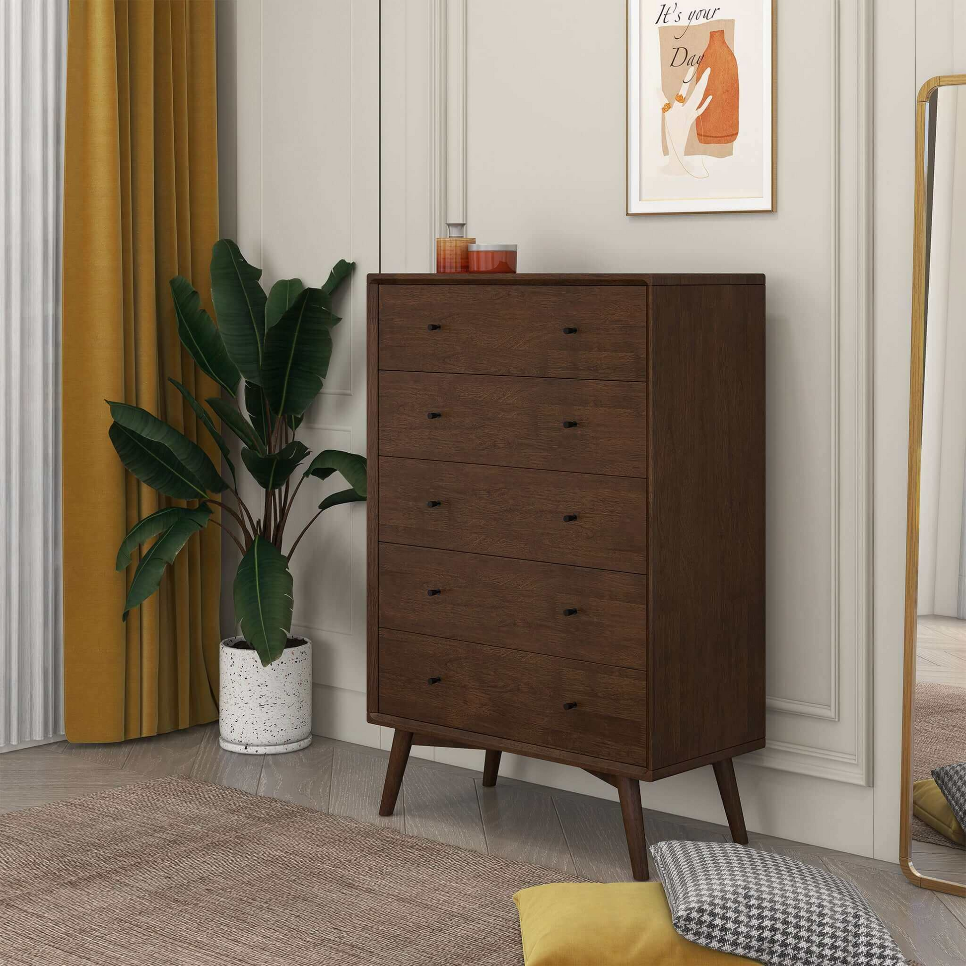 Caroline Mid Century Modern Solid Wood Dresser 5 Drawer Dark Brown Brown Bedroom Mid Century Modern Solid Wood