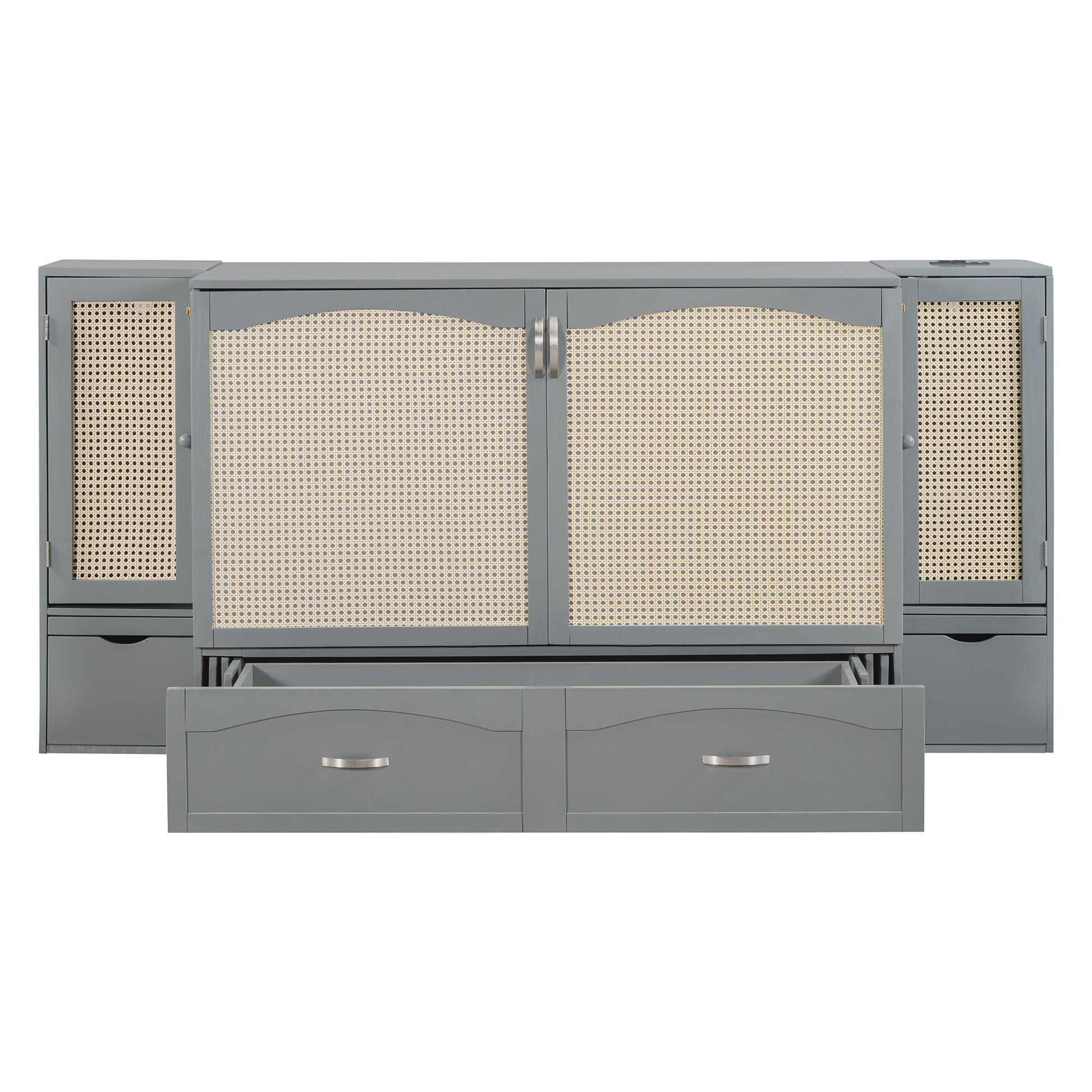 Full Size Murphy Bed Wall Bed With Drawer And Rattan Decoration With 2 Storage Cabinets, One Set Of Sockets & Usb Ports, Pulley Structure Design, Gray Full Gray Plywood