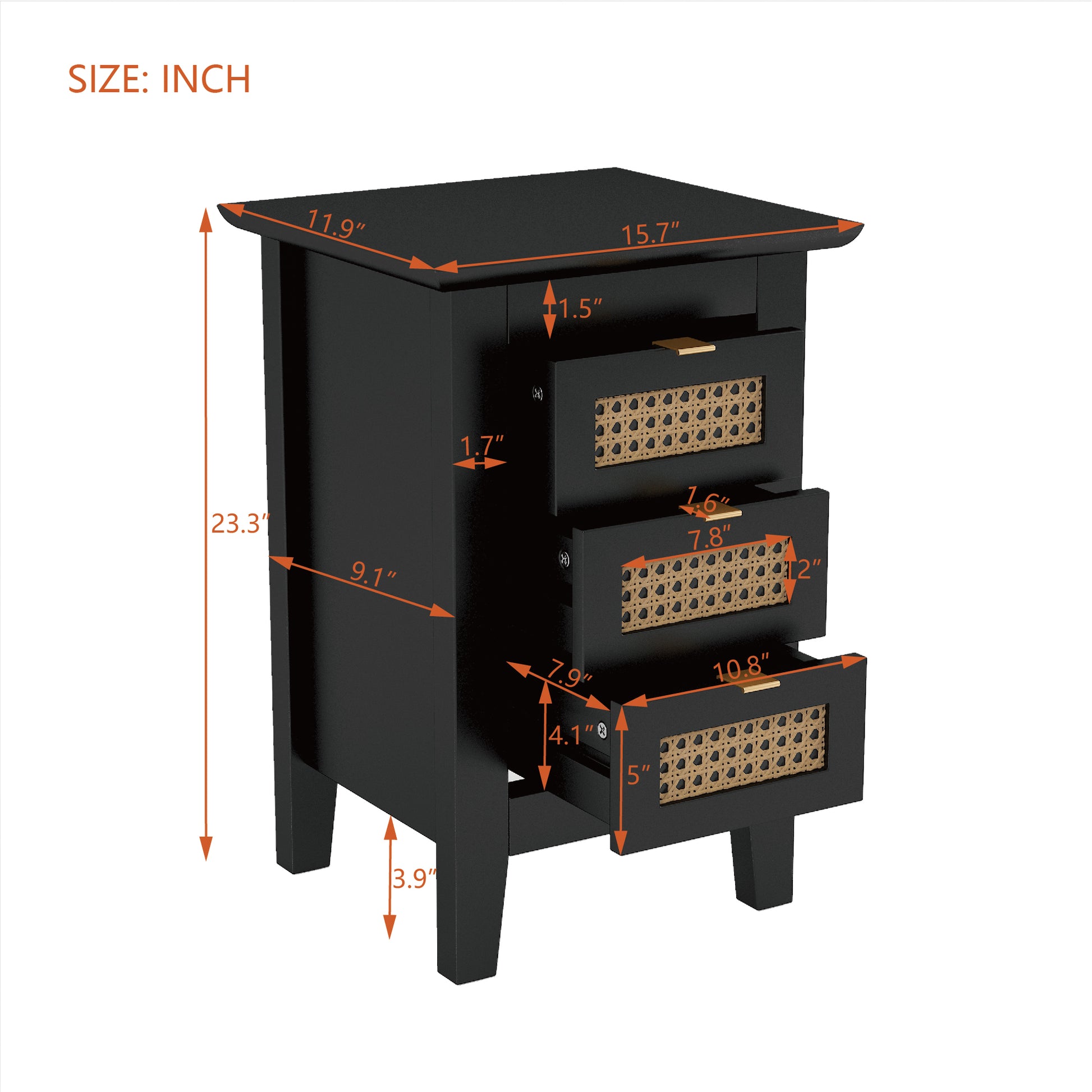 3 Pieces Bedroom Sets Full Size Wooden Platform Bed With Natural Rattan Headboard, Nightstands Set Of 2 With Rattan Woven Surfaces And Three Drawers For Bedroom, Black Black Particle Board