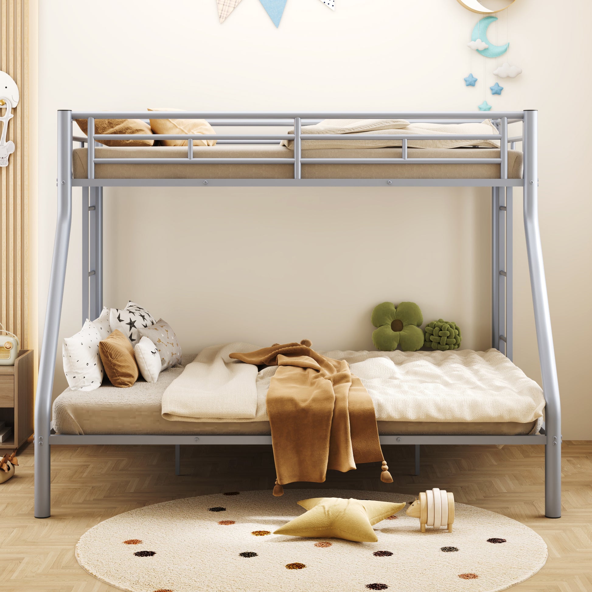 Twin Xl Over Queen Metal Bunk Bed With Ladder And Guardrails, Silver Box Spring Not Required Twin Xl Silver Metal Metal