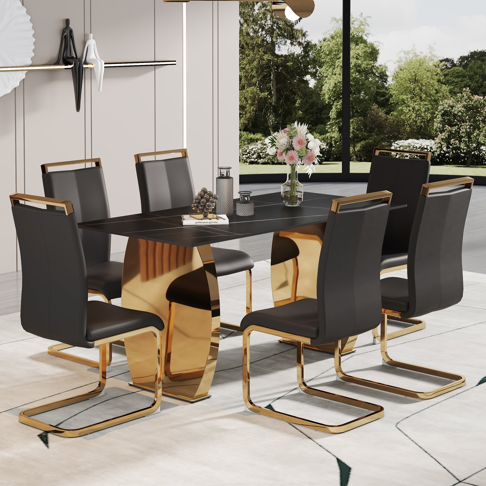Table And Chair Set,Modern Rectangular Table With 0.4 Inch Black Patterned Tabletop And Gold Legs, Suitable For Kitchen, Dining Room, And Living Roomcomfortable Pu Seats,Perfect For Dinner, Meet Black Seats 6 Sintered Stone