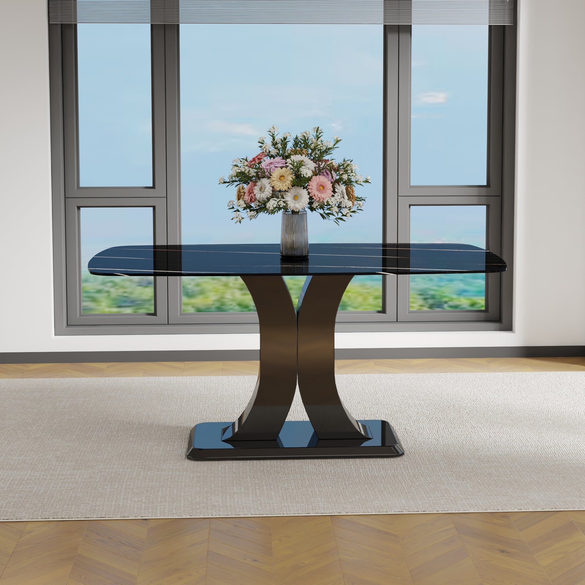 Rectangular 63" Marble Dining Table, Luxurious Dining Room Table With Faux Marble Top And X Shape Mdf Base, Modern Kitchen Dining Table For Kitchen Living Dining Room Black Luxury,Modern Mdf Glass