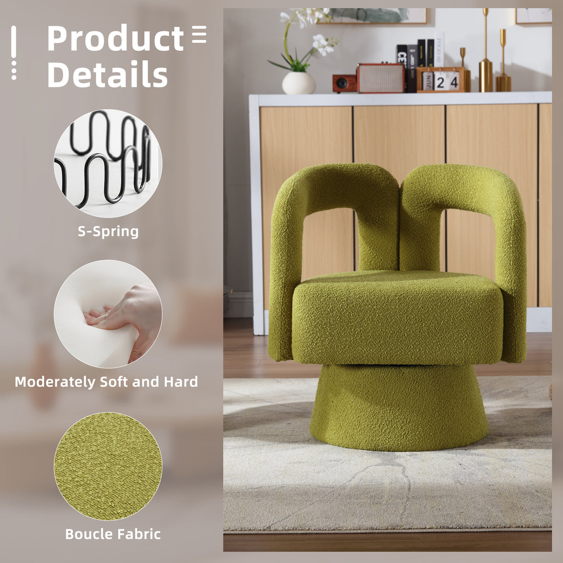 Coolmore 360 Degree Swivel Cuddle Barrel Accent Chairs, Round Armchairs With Wide Upholstered, Fluffy Fabric Chair For Living Room, Bedroom, Office, Waiting Rooms Olive Green Boucle Olive Green Foam Boucle