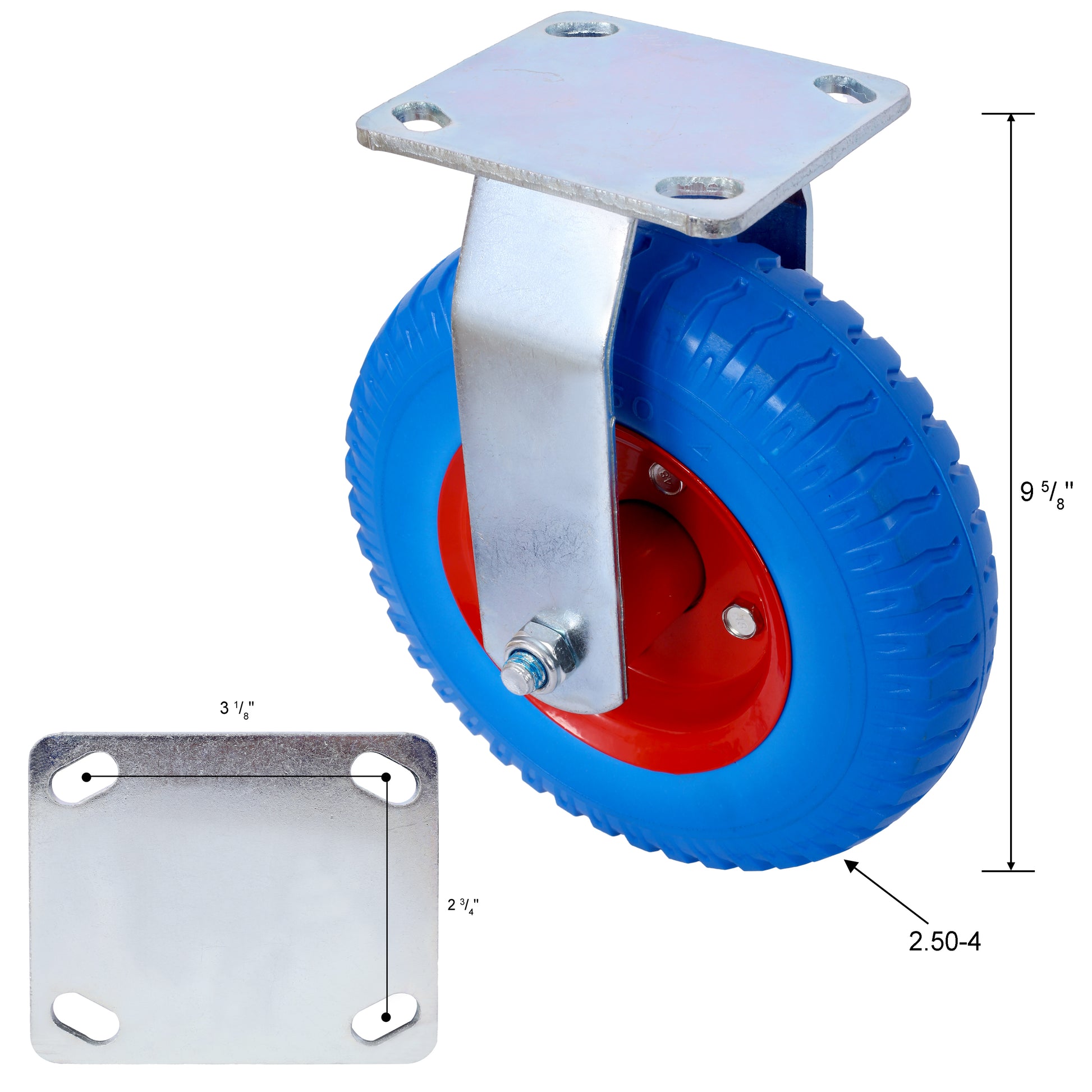 2Pcs 8In Caster Flat Free Wheel Rigrid Caster Wheel, Steel Hub With Ball Bearings, 5 8 Inch Bore Centered Axle Blue Blue Rubber