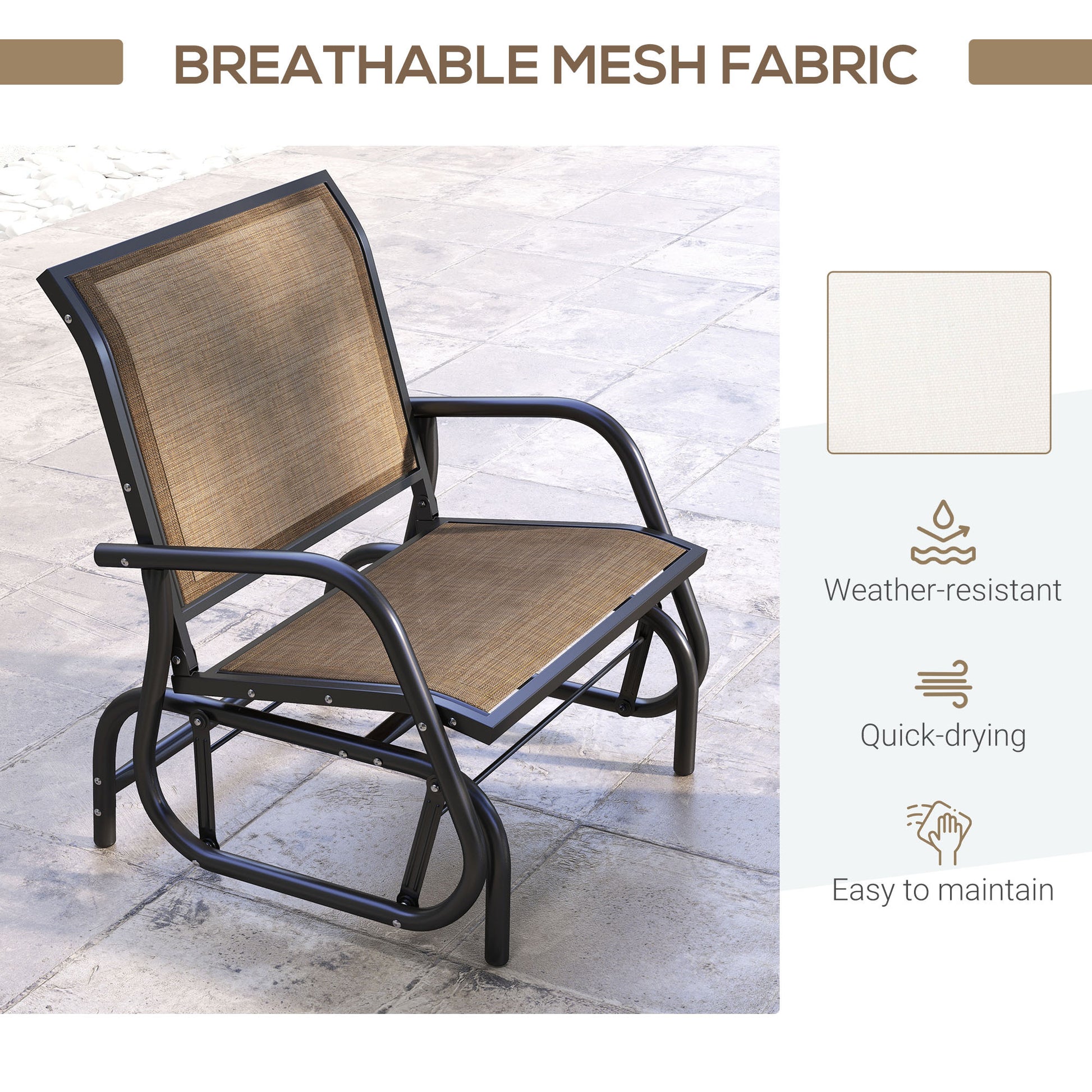 Outsunny Porch Glider, Metal Frame Swing Glider Chair Withmesh Fabric, Curved Armrests And Steel Frame For Garden, Poolside, Backyard, Balcony, Light Mixed Brown Brown Fabric Metal