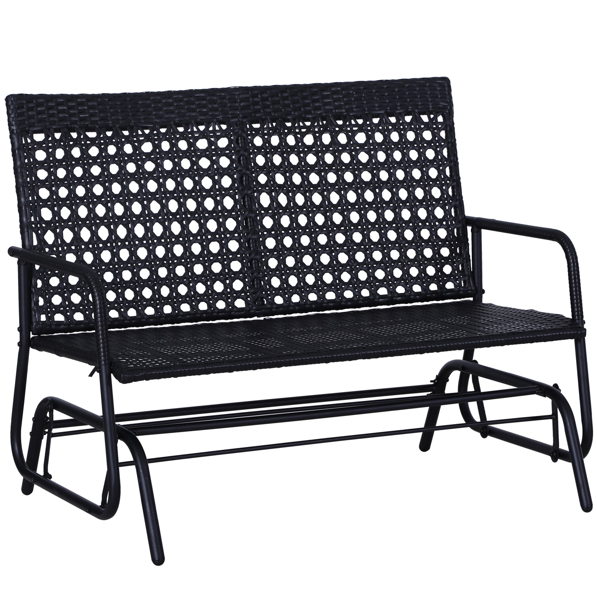 Outsunny Patio 2 Person Wicker Glider Bench Rocking Chair, Outdoor All Hand Woven Pe Rattan Loveseat W Ergonomic Design Rocking System For Patio, Garden, Porch, Lawn, Black Black Steel