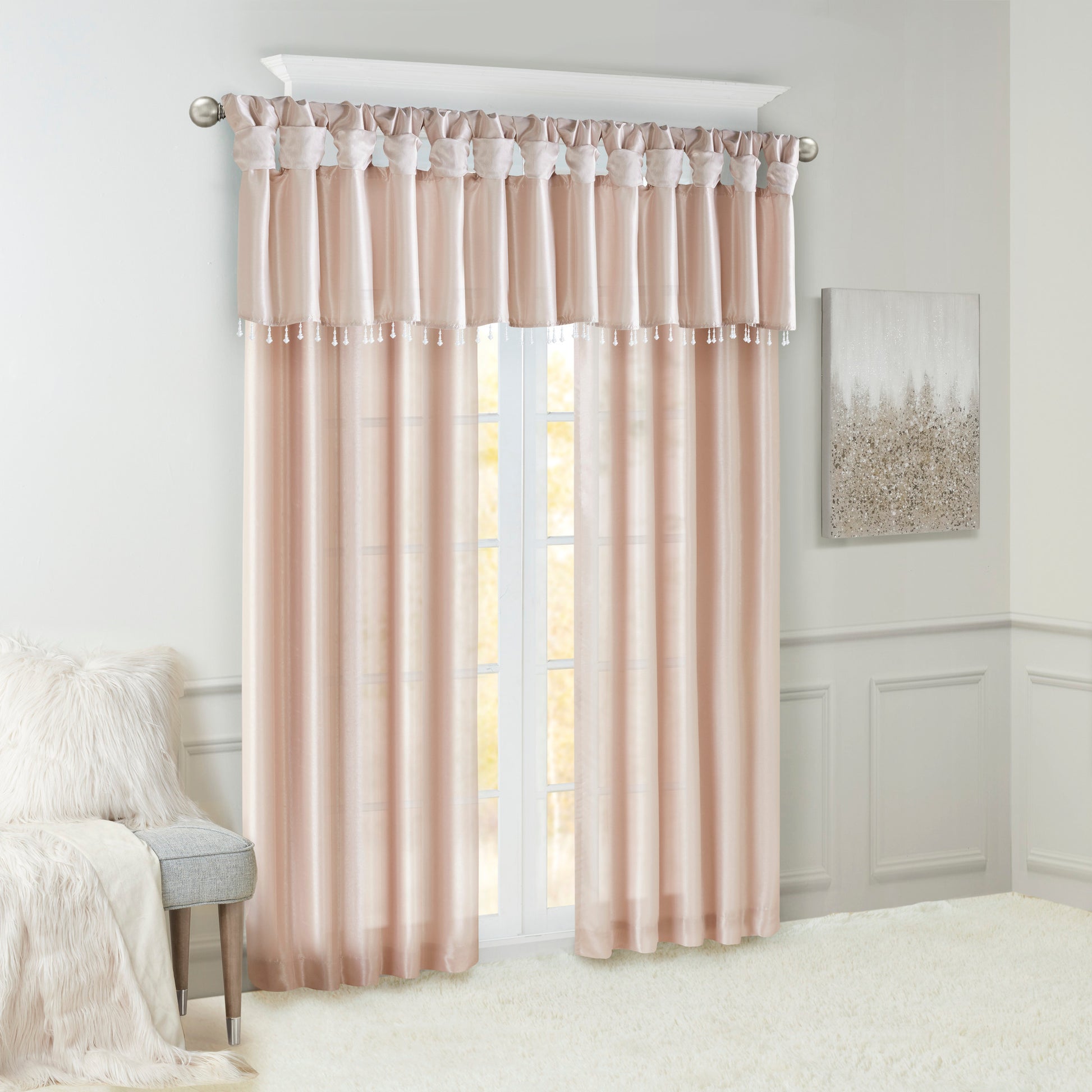 Lightweight Faux Silk Valance With Beads Blush 50X26" Blush Polyester