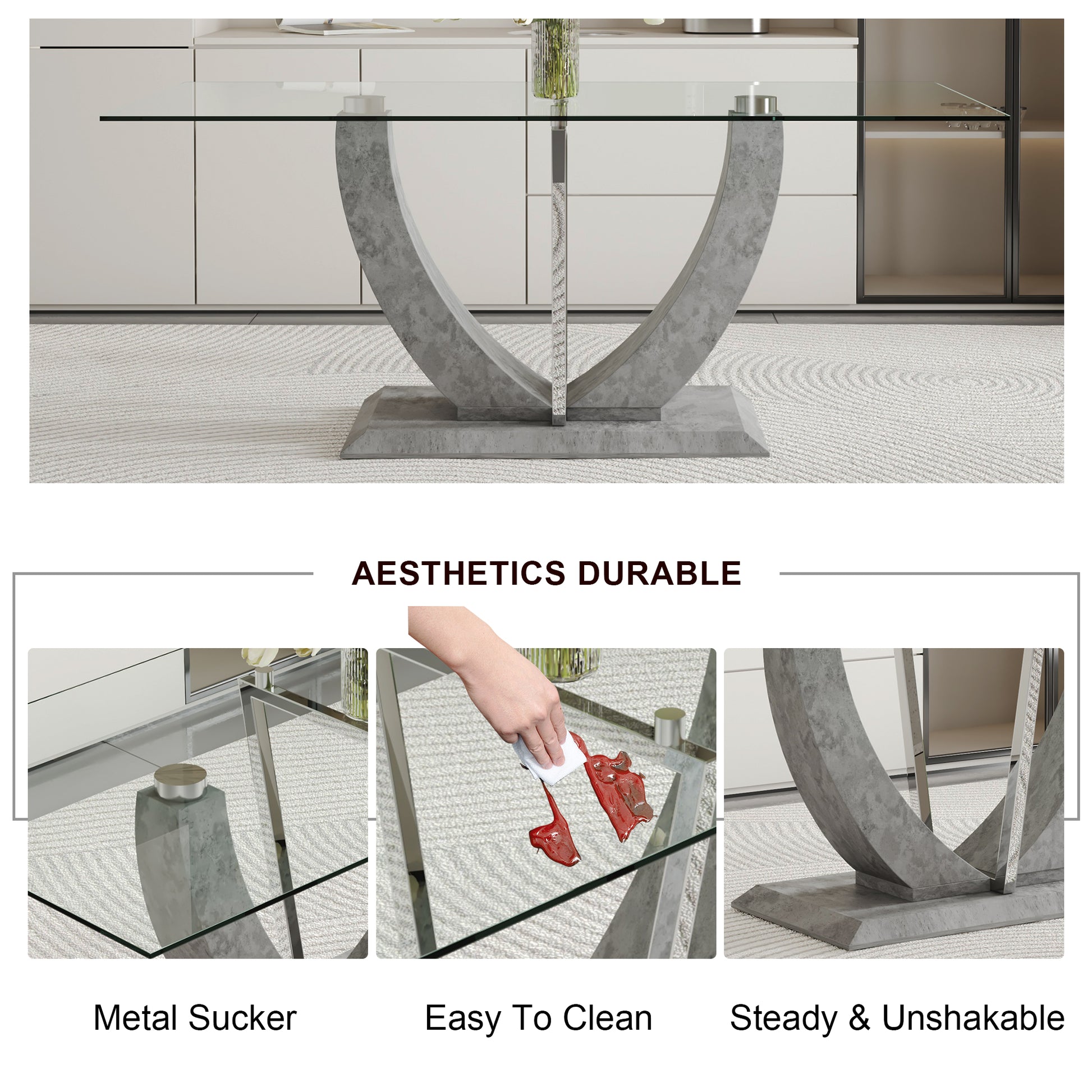 Table And Chair Set, Large Modern Rectangular Glass Table, Can Accommodate 6 8 People, Equipped With A 0.39 Inch Tempered Glass Tabletop And Large Mdf Table Legs, Comfortable And Soft Chairs. Transparent Glass