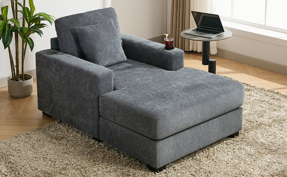 39.7" Oversized Chaise Lounger Modern Style Sofa Couch ,With Pillows, Charge Station & Cup Holders, Chenille Fabric, Blue Gray Blue Gray Chenille