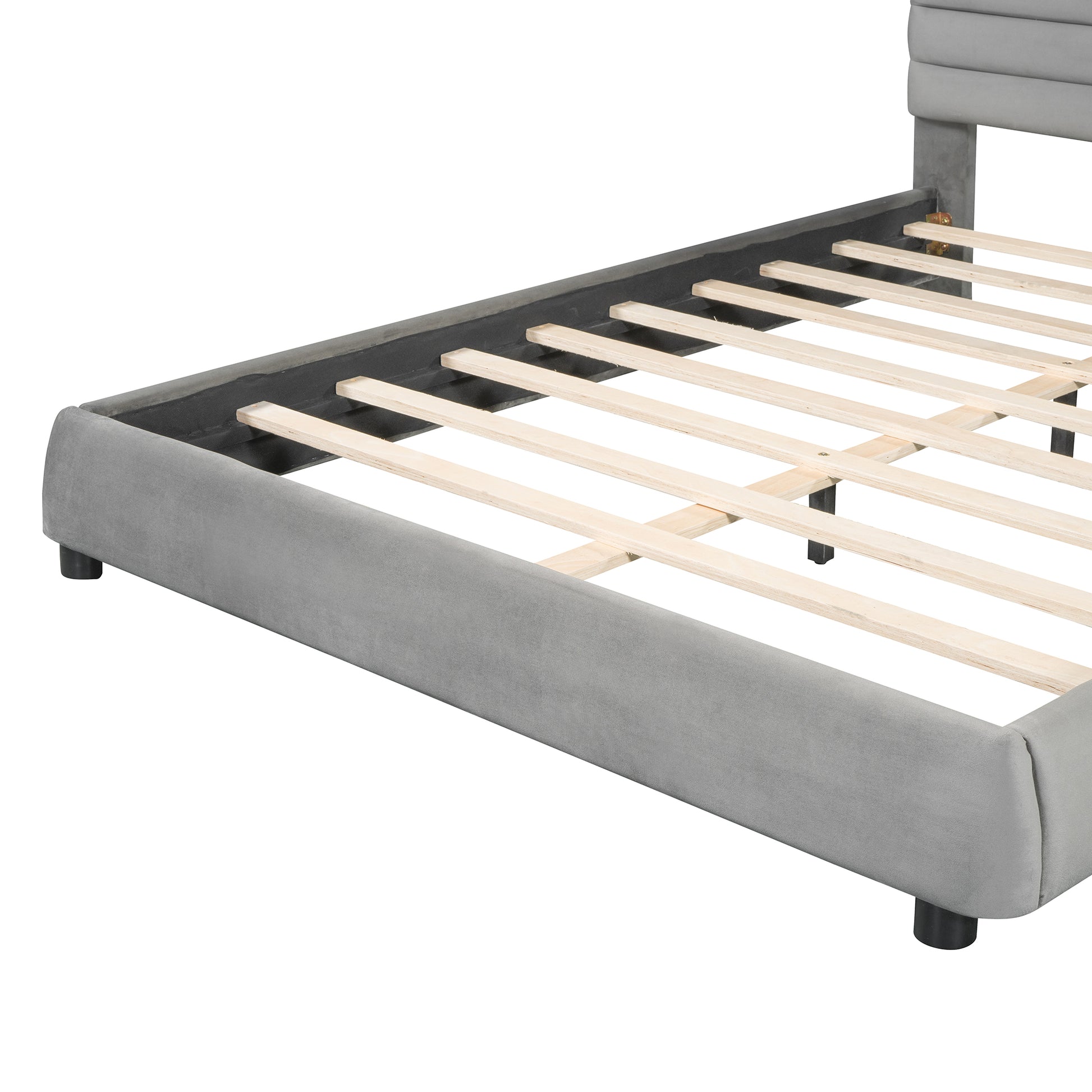 Queen Size Velvet Upholstered Platform Bed,Solid Frame And Stylish Curve Shaped Design, Gray Queen Gray Velvet