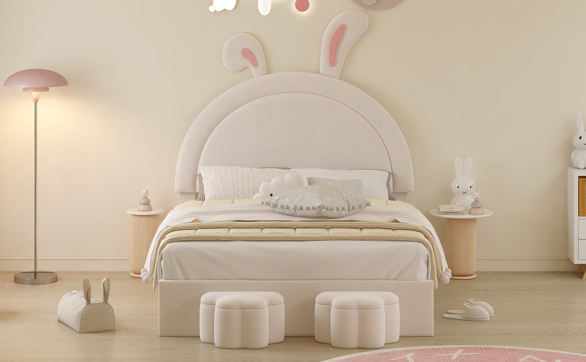 Full Size Upholstered Rabbit Shape Bed With 2 Storage Stools, Velvet Platform Bed With Cartoon Ears Shaped Headboard, White Full White Wood