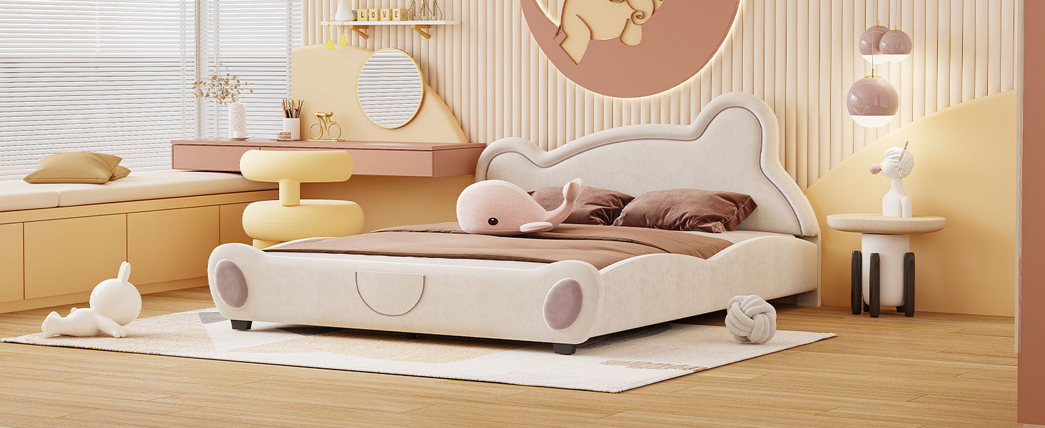Queen Size Velvet Platform Bed With Bear Shaped Headboard, With Bed End Storage Pocket, Beige Queen Beige Plywood