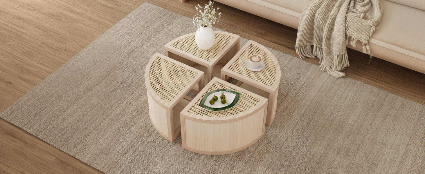 Round To Square Block Modular Coffee Table Light Natural Rattan With Storage 4 Piece Light Natural Rubber Wood