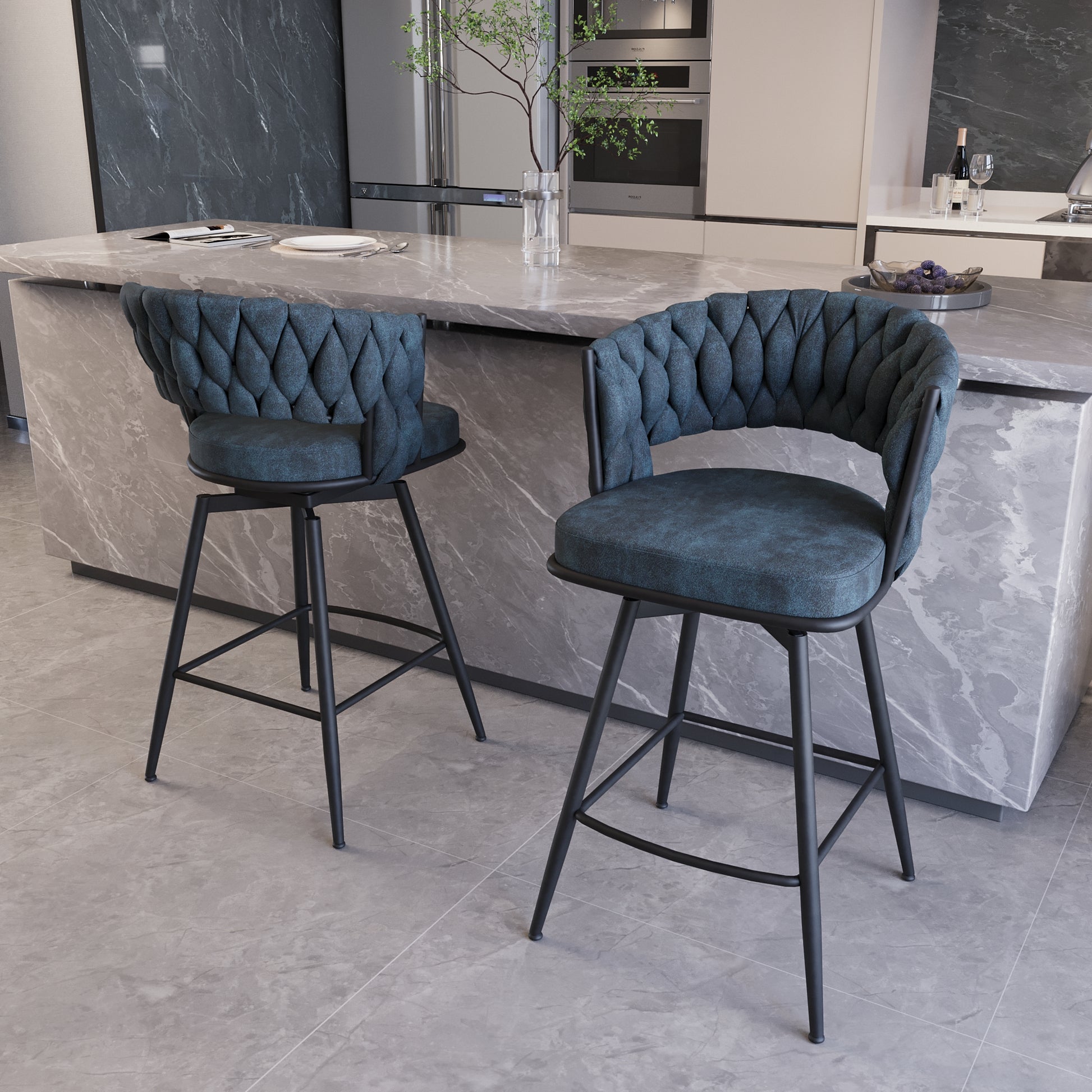 Bar Chair Suede Woven Bar Stool Set Of 4,Black Legs Barstools No Adjustable Kitchen Island Chairs,360 Swivel Bar Stools Upholstered Bar Chair Counter Stool Arm Chairs With Back Footrest, Blue Metal Blue Kitchen Dining Chairs Foam Technical Leather