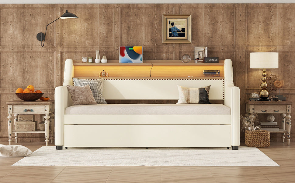Twin Size Daybed With Trundle, Upholstered Daybed With Charging Station And Led Lights, White Twin White Pu Leather