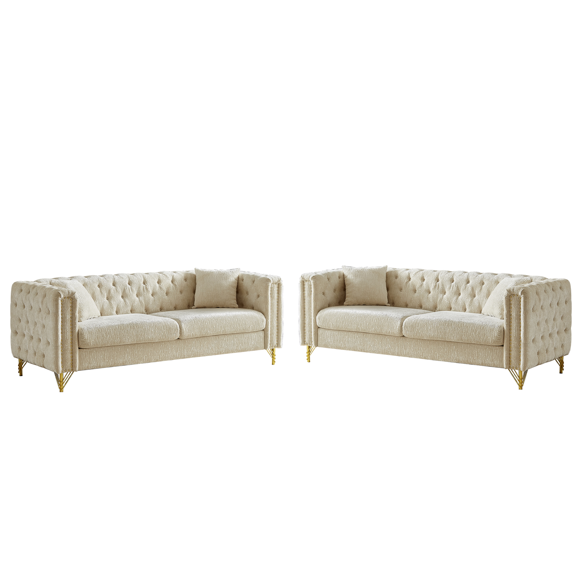 Chenille Pull Buckle Design Sofa For Living Room,Buttons Tufted With Copper Nail Decoration Armrest, Modern Couch Upholstered Button And Metal Legs Beige Foam Chenille 6 Seat