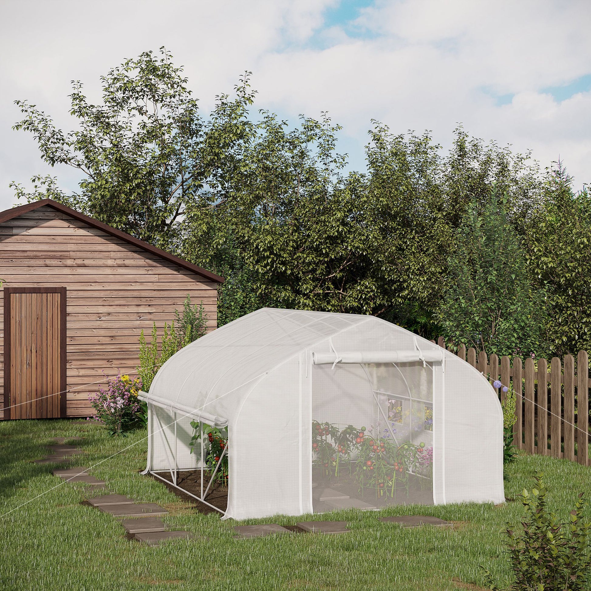 Outsunny 11.5' X 10' X 6.5' Walk In Tunnel Greenhouse, Green House With Zippered Mesh Door, 7 Mesh Windows & Roll Up Sidewalls, Upgraded Gardening Plant Hot House With Galvanized Steel Hoops, White White Steel