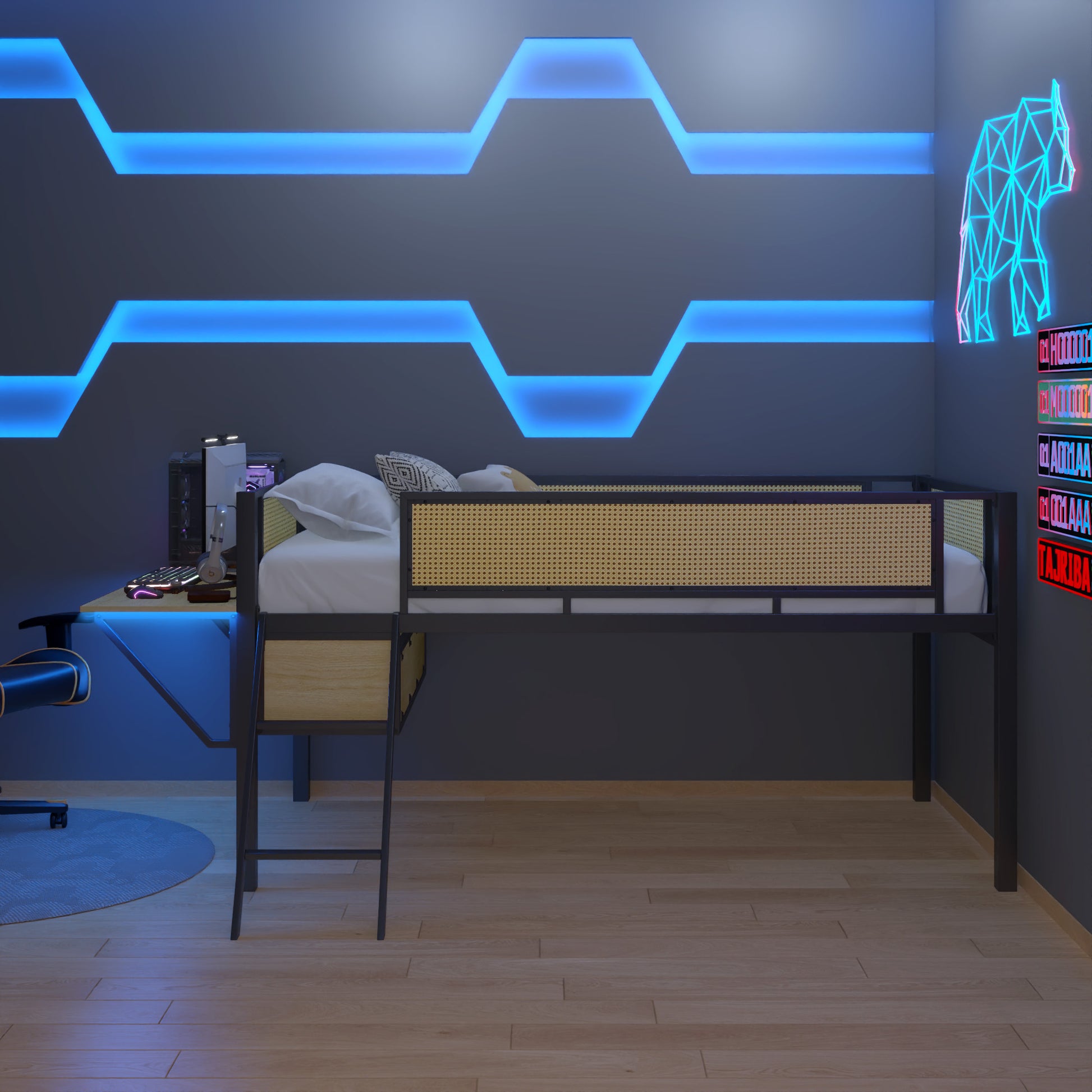 Single Metal Loft Bed With Rectangular Desk, Led Lights, Led Loft Bed Frame Double Bed With Storage Shelves And Hanging Storage Compartments, Safety Guard And Ladder, No Box Springs Required, Rattan G Twin Black Natural Mdf Iron