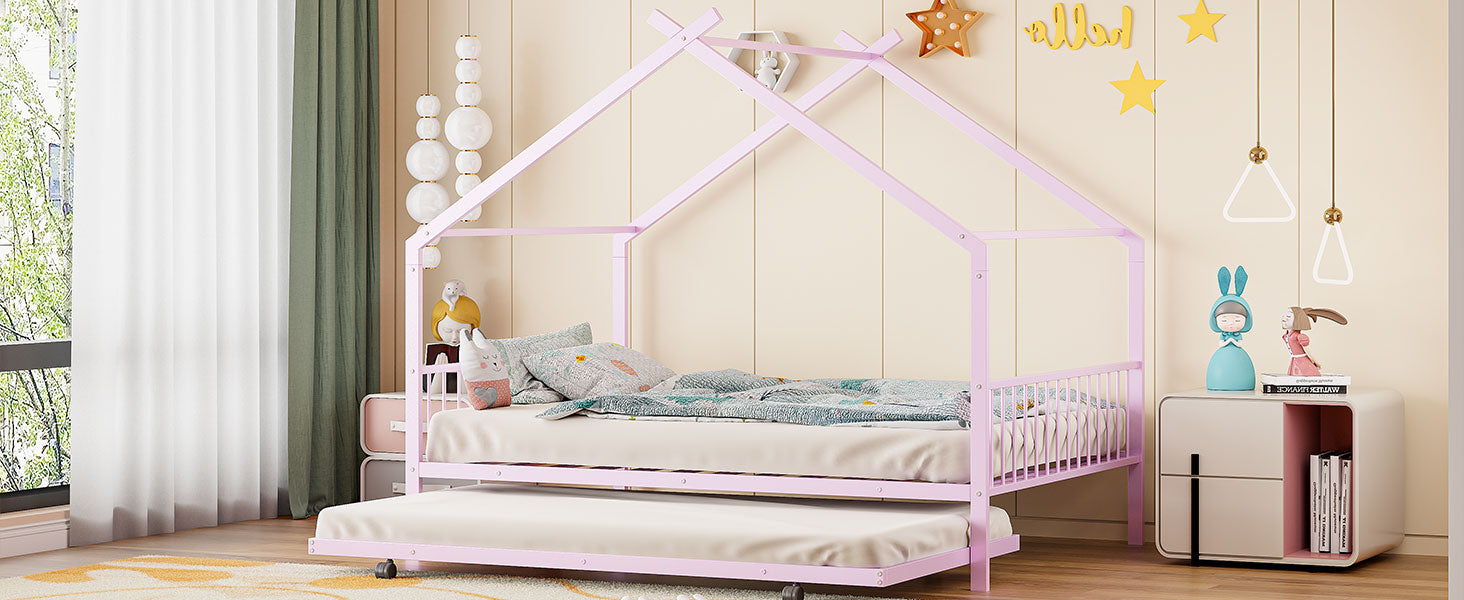 Full Size Metal House Bed With Twin Size Trundle, Pink Full Pink Metal
