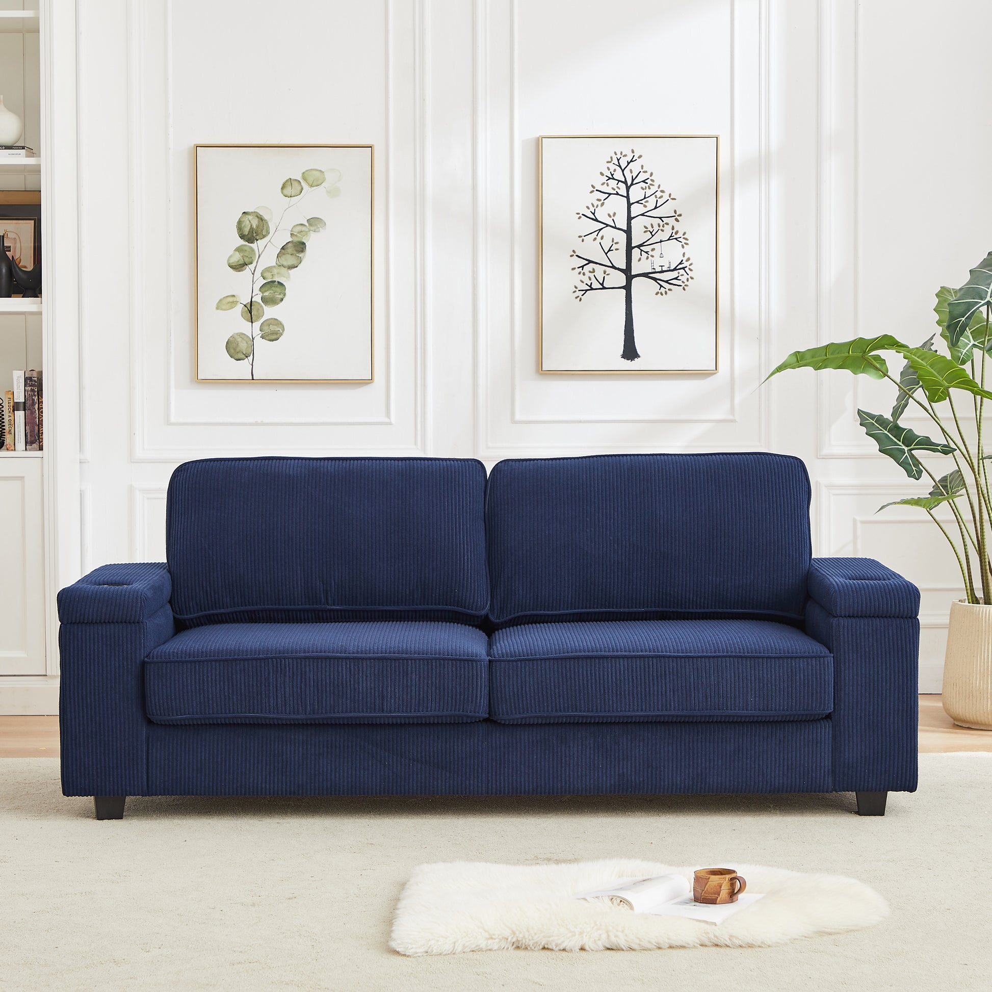 86.5 Inch Sofa Couch Deep Seat Sofa With Two Storage Spaces, T Pyce Charging Portsusb Charging Ports & 2 Cup ,Corduroy 3 Seater Couch, Modern Sofas For Living Room Blue Foam Corduroy 3 Seat