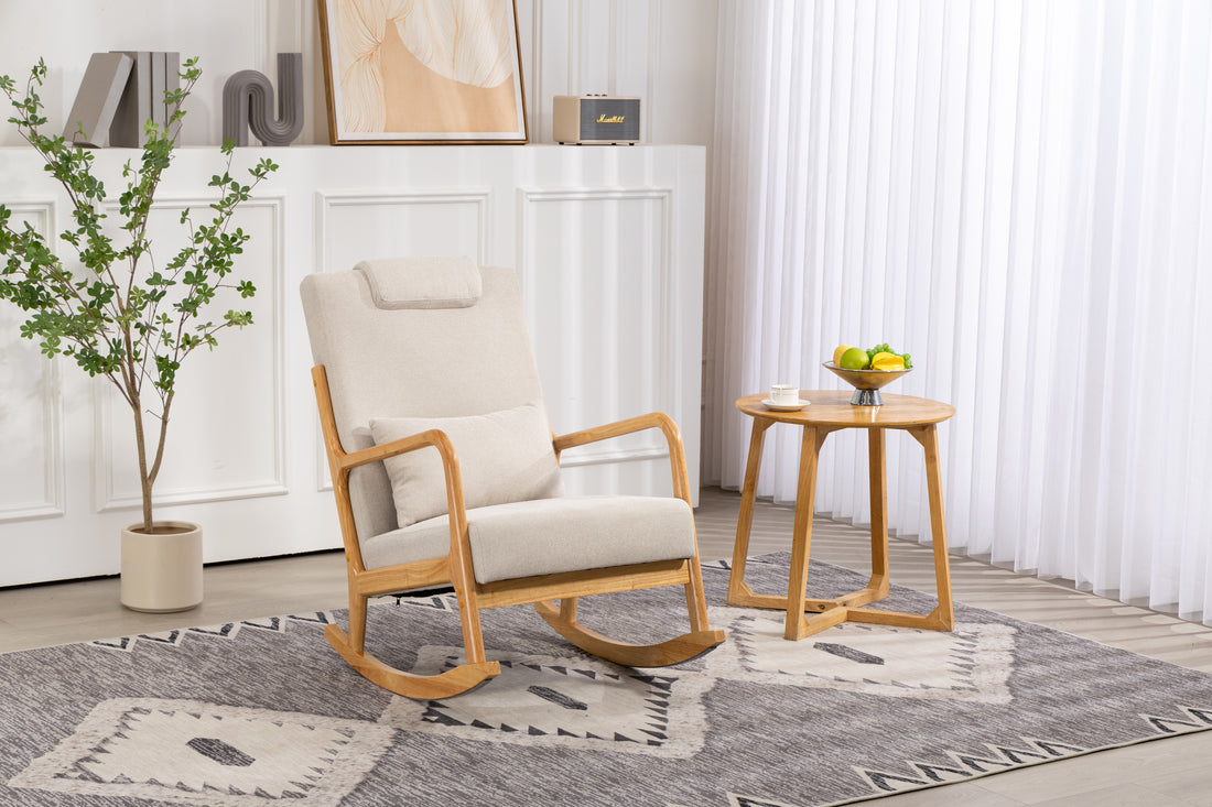 Rocking Chair Upholstered Fabric Rocking Armchair Indoor With High Backrest Glider Chairs And Lumbar Pillow For Living Room Beige Linen