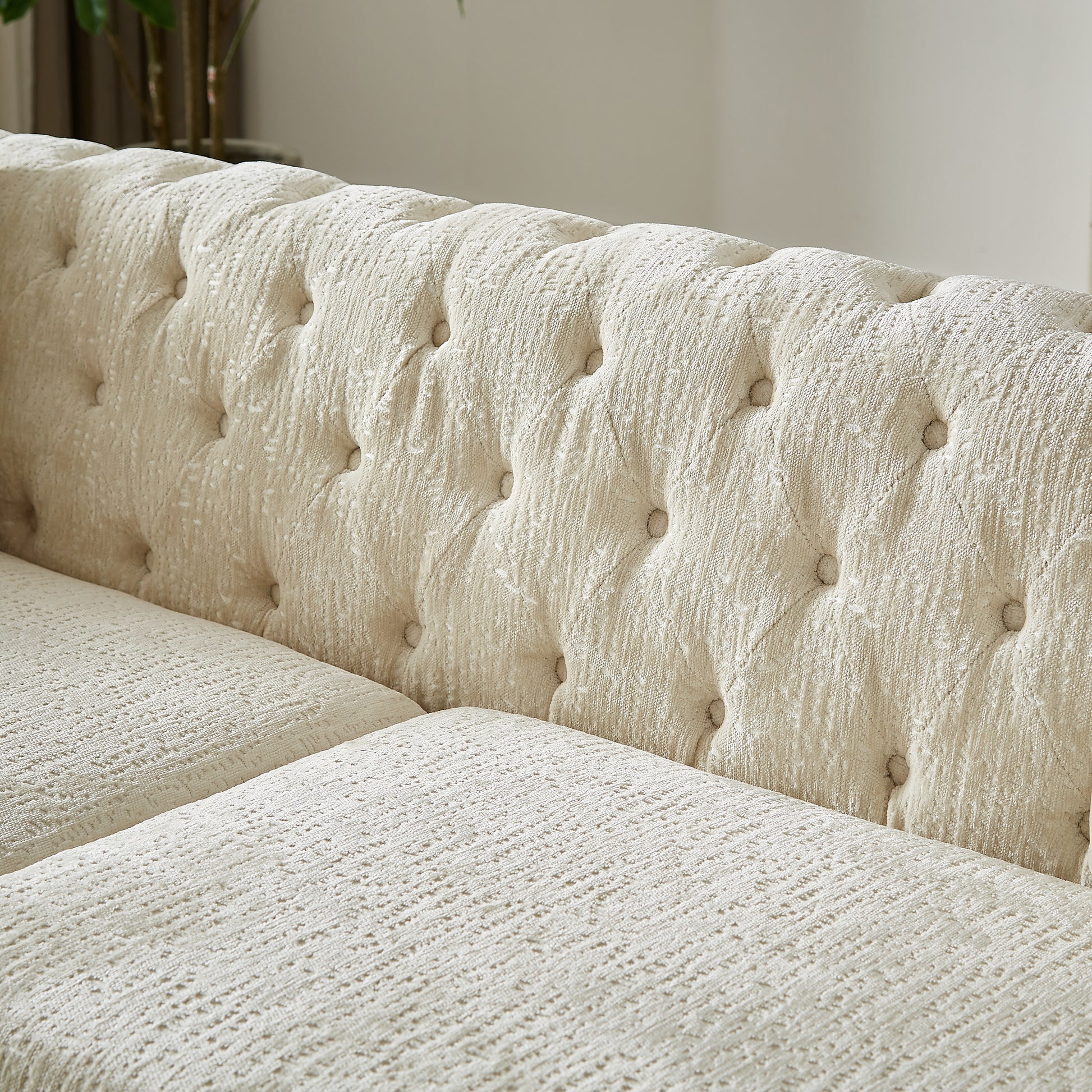 Chenille Pull Buckle Design Sofa For Living Room,Buttons Tufted With Copper Nail Decoration Armrest, Modern Couch Upholstered Button And Metal Legs Beige Foam Chenille 6 Seat