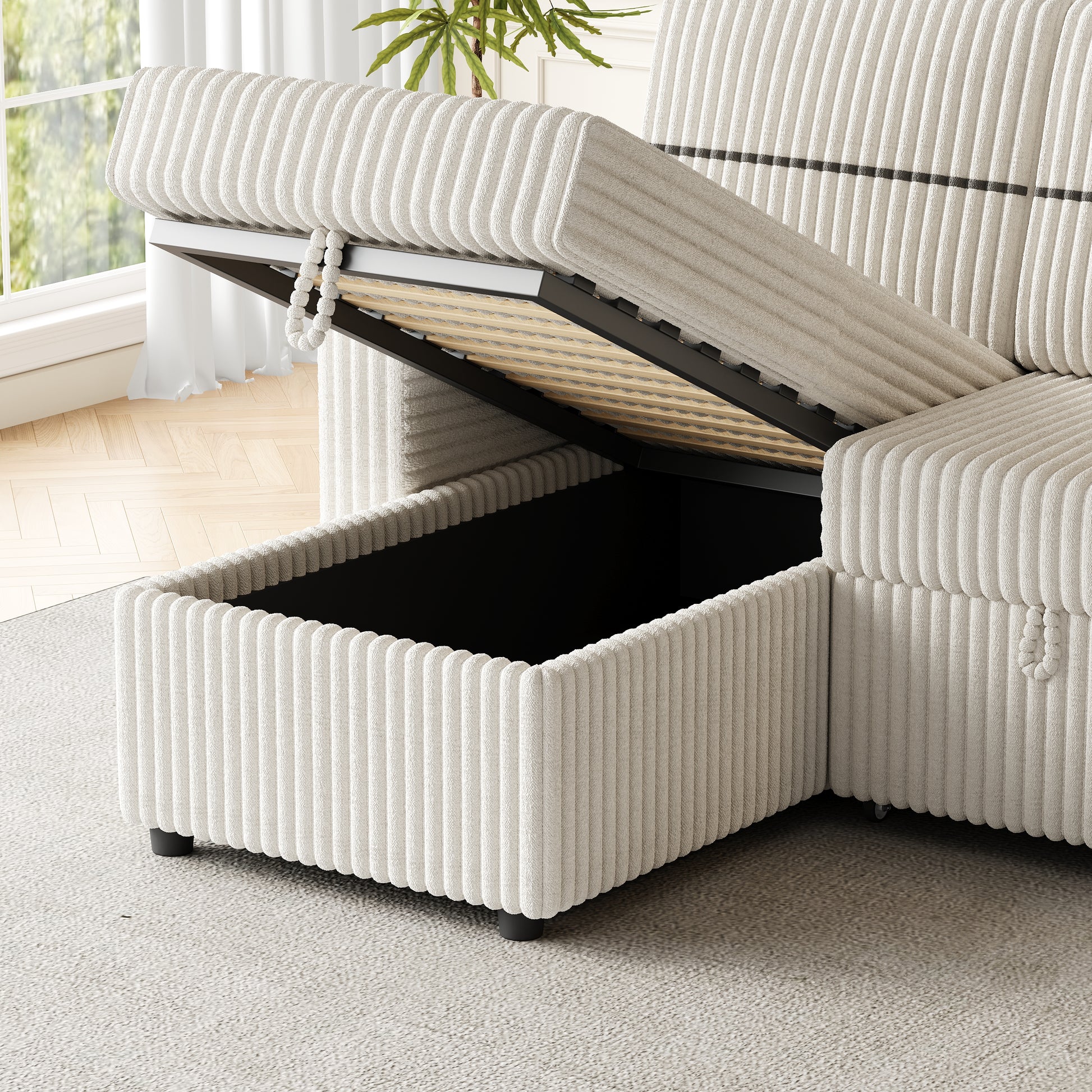 85 Inches Corduroy Sofa Bed, 3 Seater Sleeper Sofa With Storage Chaise, Square Handrail With Two Cup Holder And Usb Charge Port, Pull Out Couch For Living Room Beige Corduroy 3 Seat