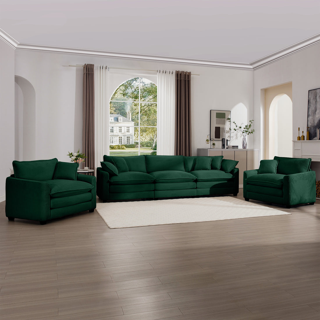 Luxurious And Sophisticated Sofa Set With Soft Cushions And Pillows, Home For Living Rooms And Clubs As Well As Home Theaters, Consisting Of Two Single Sofas And A 3 Seater Sofas In Green Corduroy Fab Green Corduroy 5 Seat