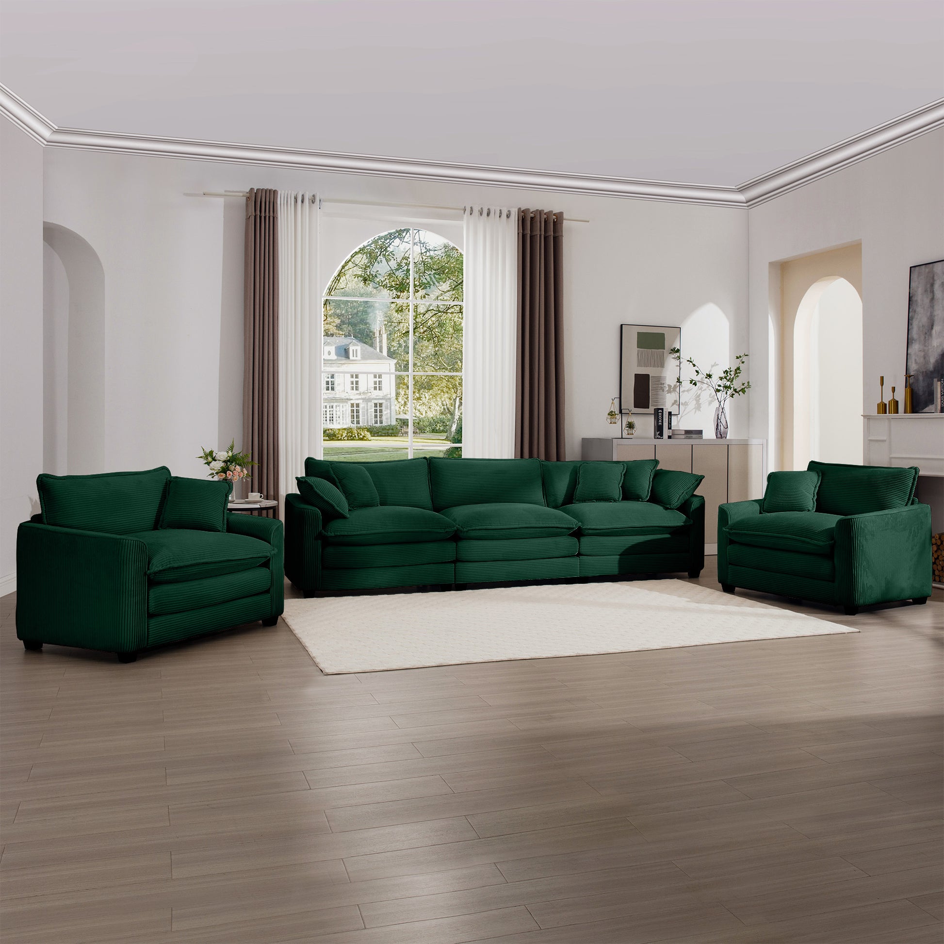Luxurious And Sophisticated Sofa Set With Soft Cushions And Pillows, Home For Living Rooms And Clubs As Well As Home Theaters, Consisting Of Two Single Sofas And A 3 Seater Sofas In Green Corduroy Fab Green Corduroy 5 Seat
