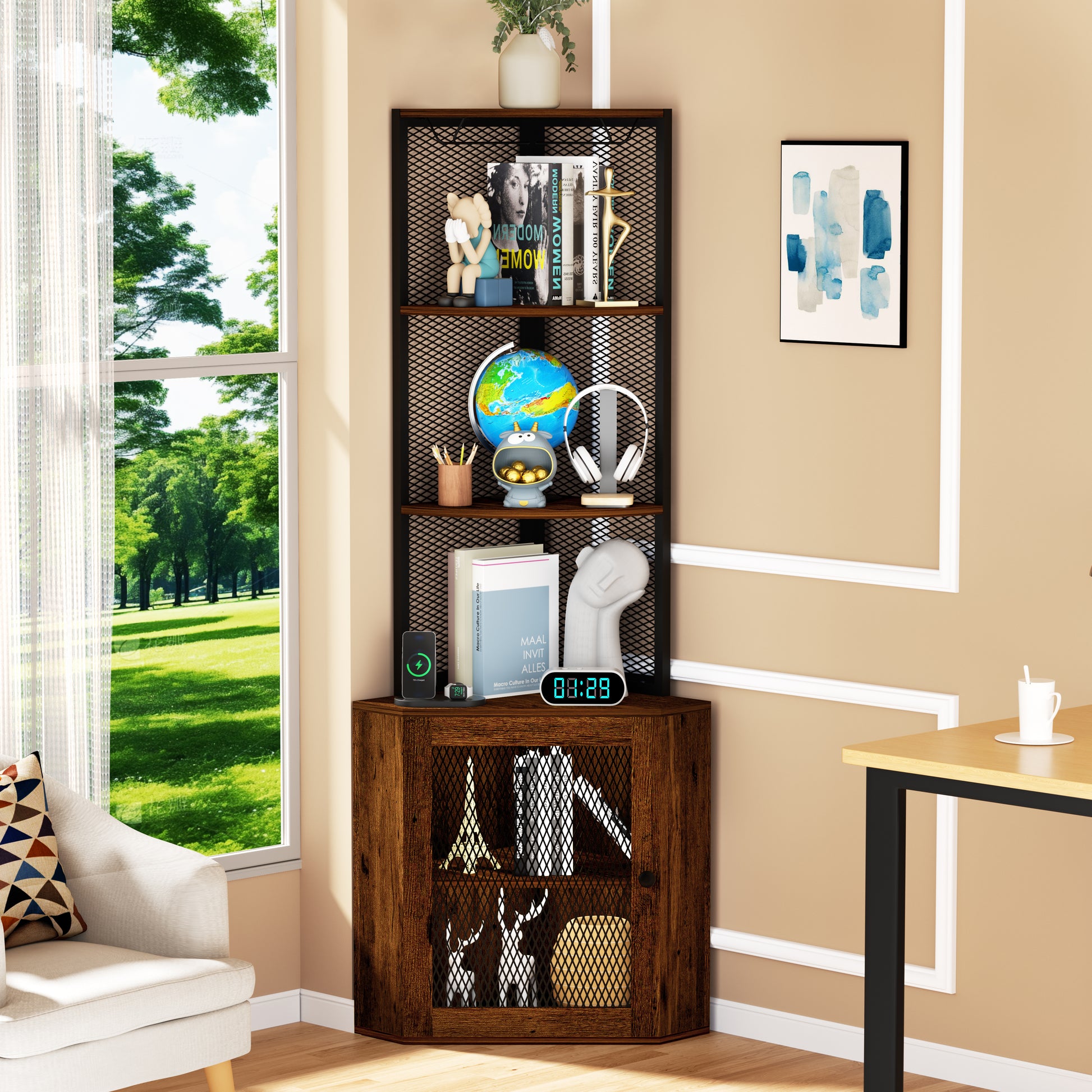 Corner Shelf With Doors, 65" Corner Cabinet With Shelves & Wine Glass Rack, 6 Tier Bookshelf Display Corner Shelves, Freestanding Corner Storage Stand For Kitchen, Living Room, Balcony Rustic Brown