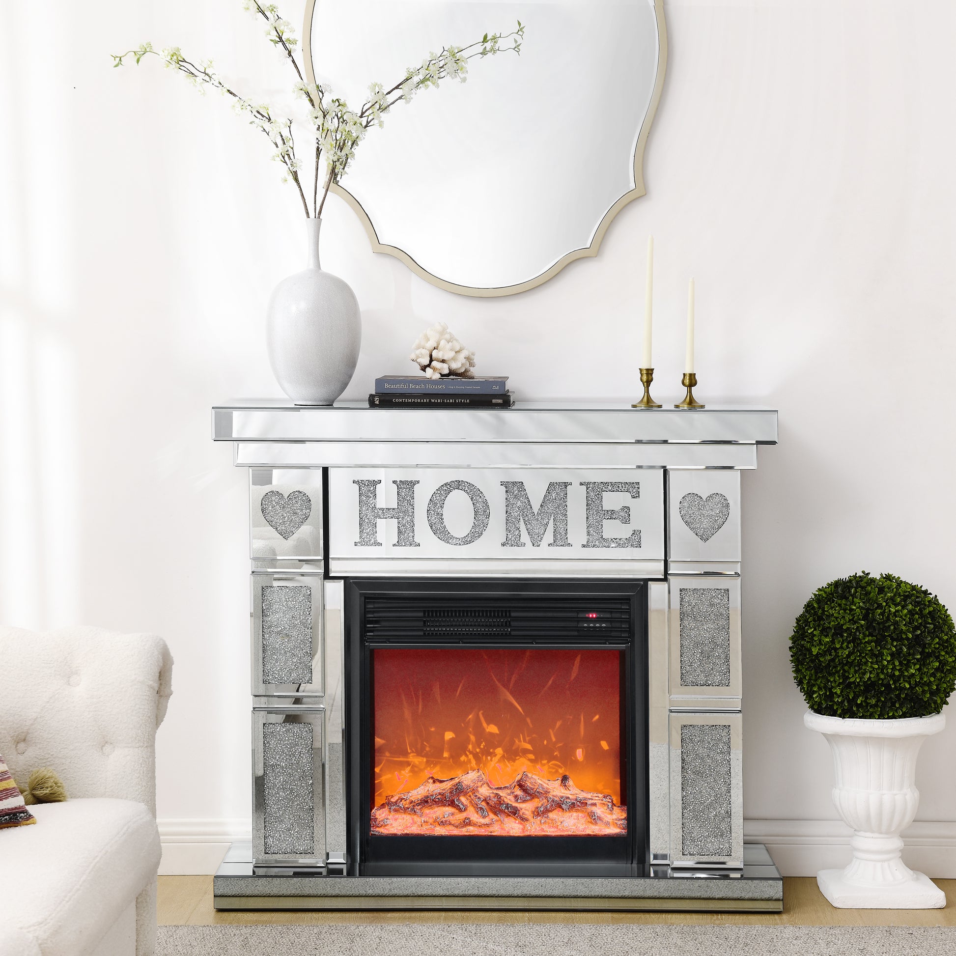 W 46" X D 12.6 X H 41 " Acrylic Diamond Mirror Fireplace Cabinet, Tv Fireplace Cabinet Powder Coated Electric Bedroom Yes Freestanding Electric 41 50 Yes Silver 400 Natural Vent American Design Acrylic Mdf Glass