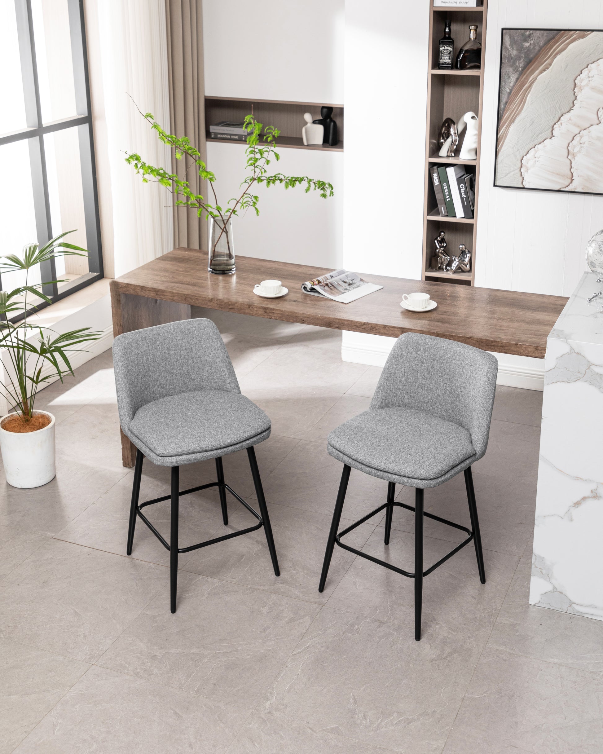 Counter Height Swivel Bar Stools Set Of 2, 360 Swivel Upholstered Barstools With Back And Metal Legs, 25.6" Seat Height,Counter Stools For Kitchen Island And Pub,Linen Cloth,Grey Light Grey Set Of 2 Linen