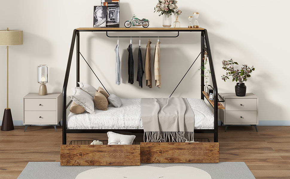 Full Size Metal Frame Platform Bed With Clothes Rack, Storage Shelves And 2 Drawers, Black Box Spring Not Required Full Black Metal Mdf Metal