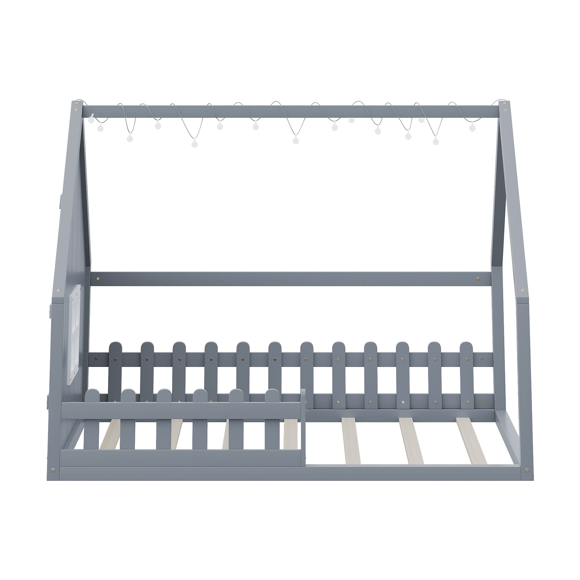 Full Size Wood House Bed With Window And Fence, Gray Old Sku: Wf304147Aae Box Spring Not Required Full Gray Wood Bedroom Pine Bed Frame Solid Wood Mdf