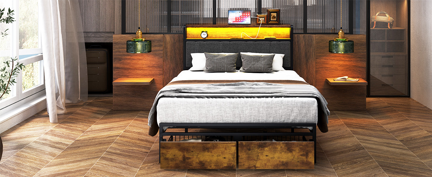 Twin Size Bed Frame Upholstered Platform Bed Frame With Storage Drawers, Usb Ports, Led Lights, Upholstered Wingback Headboard, Rustic Brown Box Spring Not Required Twin Antique Black Metal Brown