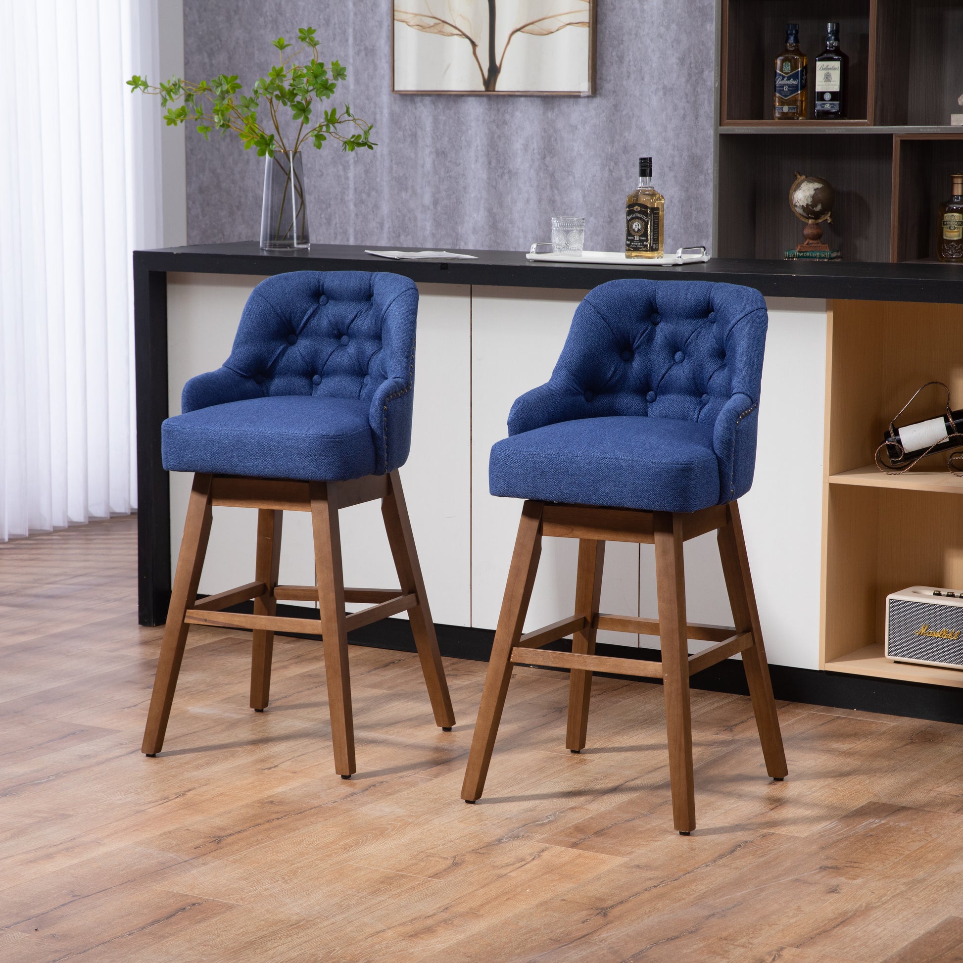 Coolmore Bar Stools Set Of 2 Counter Height Chairs With Footrest For Kitchen, Dining Room And 360 Degree Solid Wood Legs Swivel Bar Stools Set Of 2 Navy Linen Navy Foam Linen