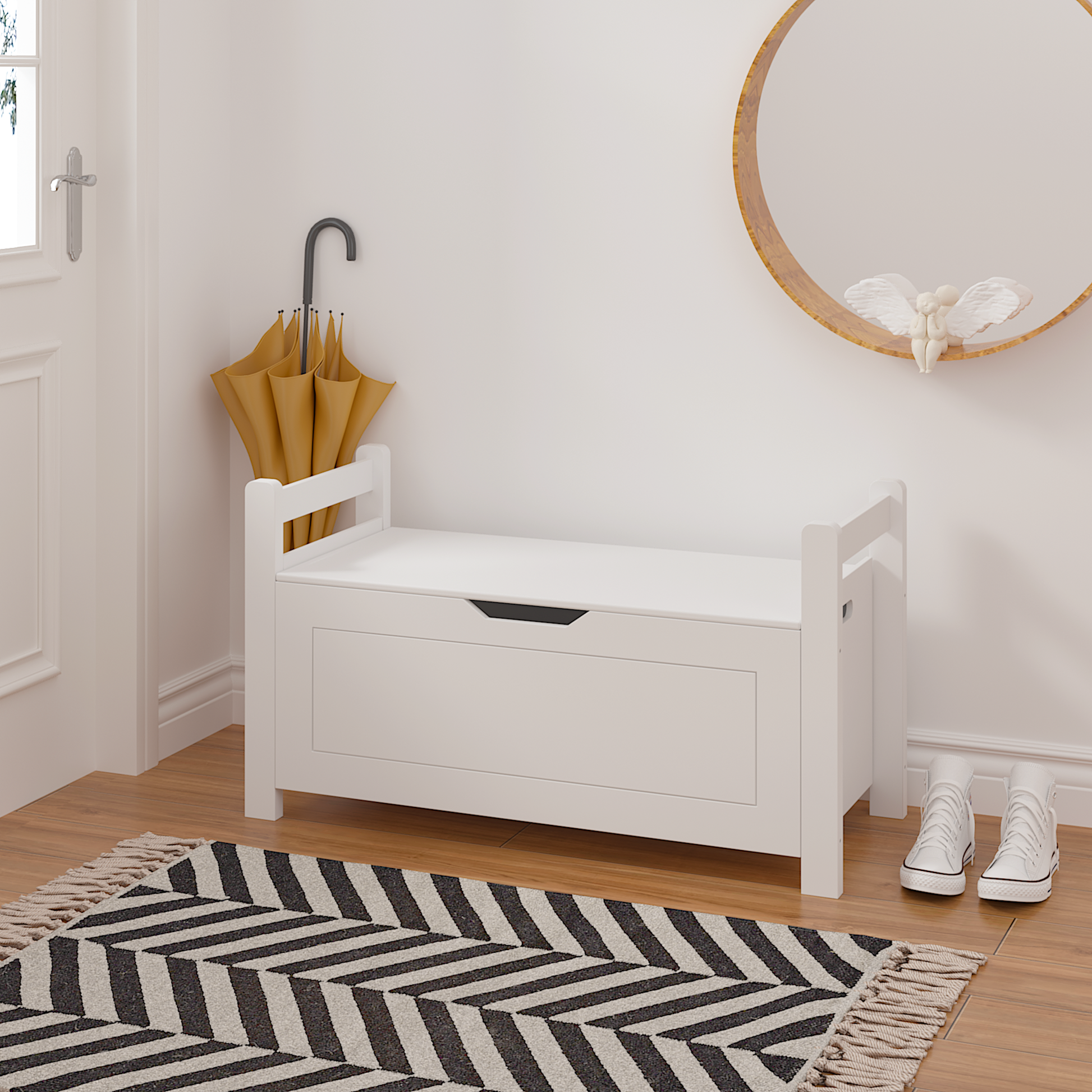Kids Toy Box Chest, White Rubber Wood Toy Box For Boys Girls, Large Storage Cabinet With Flip Top Lid Safety Hinge, Toy Storage Organizer Trunk For Nursery, Playroom White Mdf