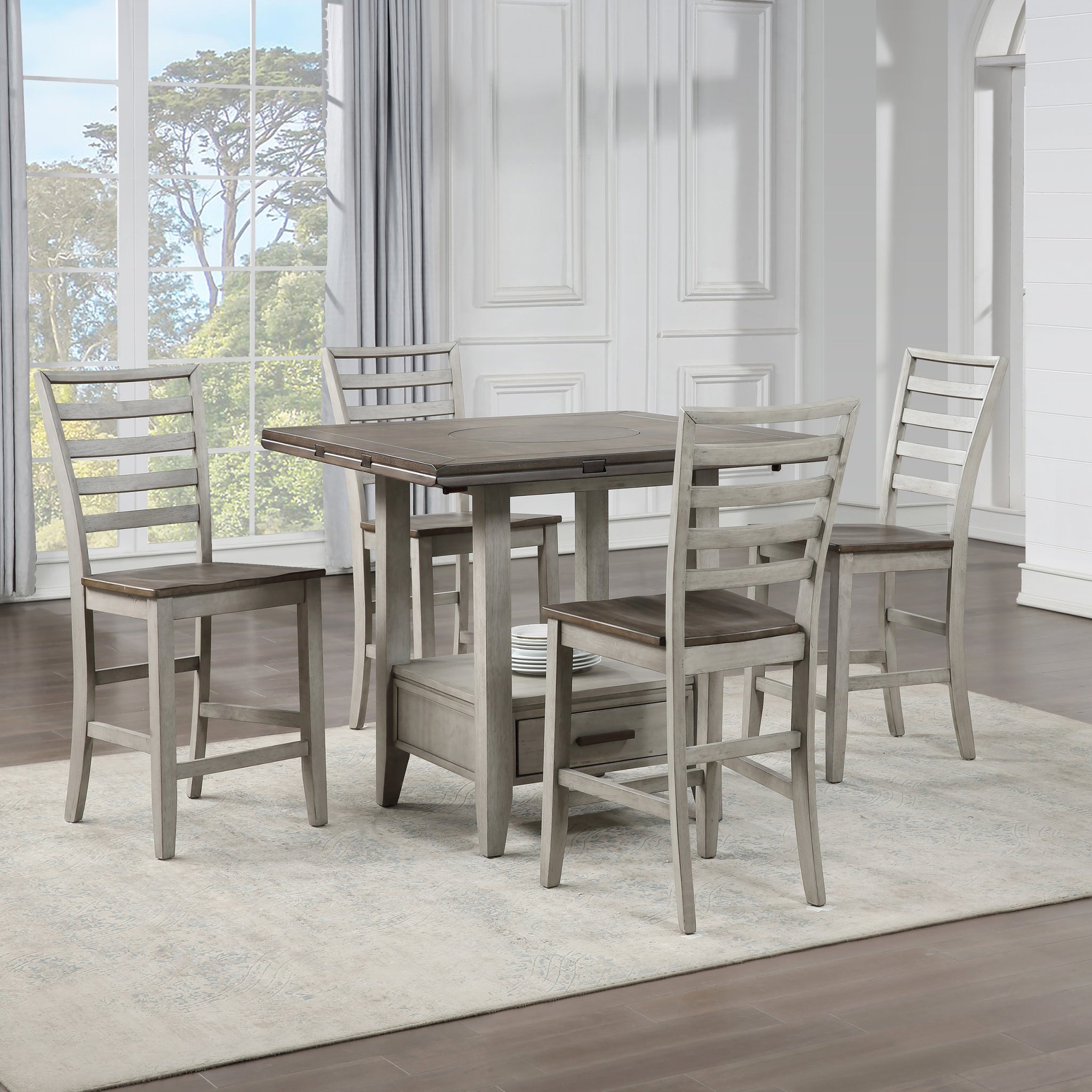 Abacus 5 Piece Dining Set With Drop Leaf Counter Height Table Smoke Grey Smoke Grey Wood