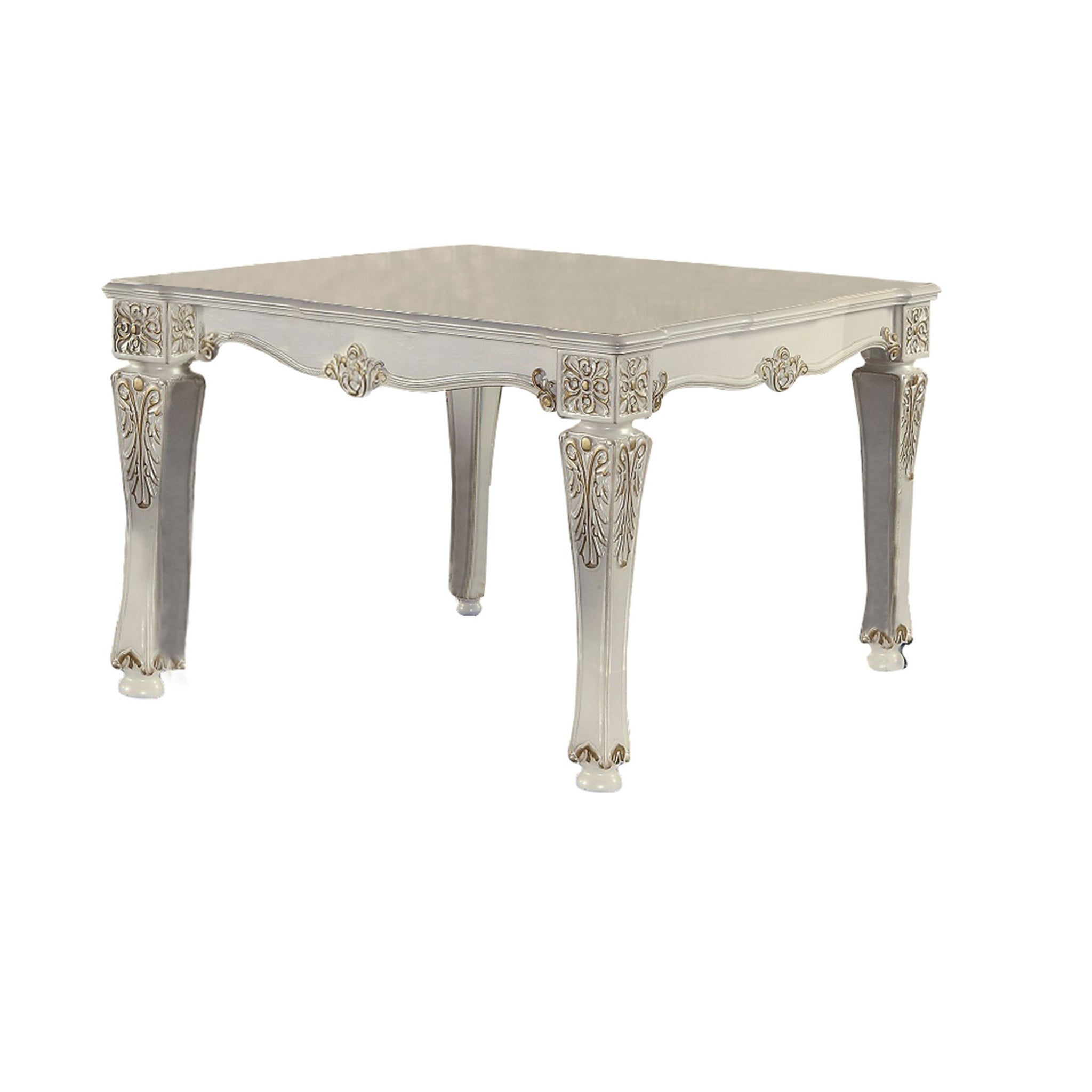 Jess 54 Inch Counter Table, 4 Seater, Classic White, Ornate Scroll Carvings White Gold Wood