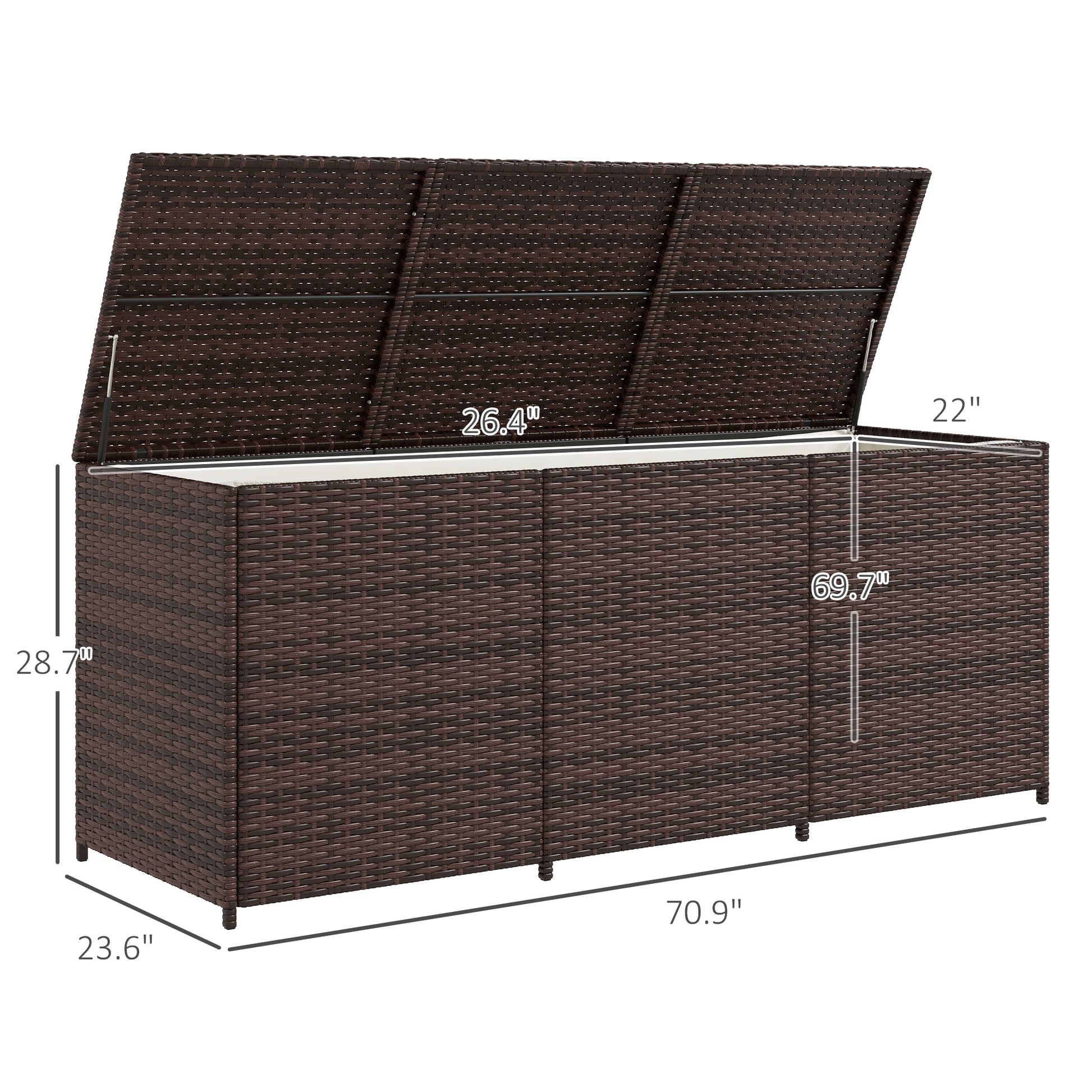 Outsunny 175 Gallon Outdoor Storage Box With Inner Liner, Pe Rattan Wicker Deck Box With Pneumatic Bar Lift For Indoor & Outdoor, Patio Furniture Cushions, Pool Toys, Garden Tools, Mixed Brown Brown Steel