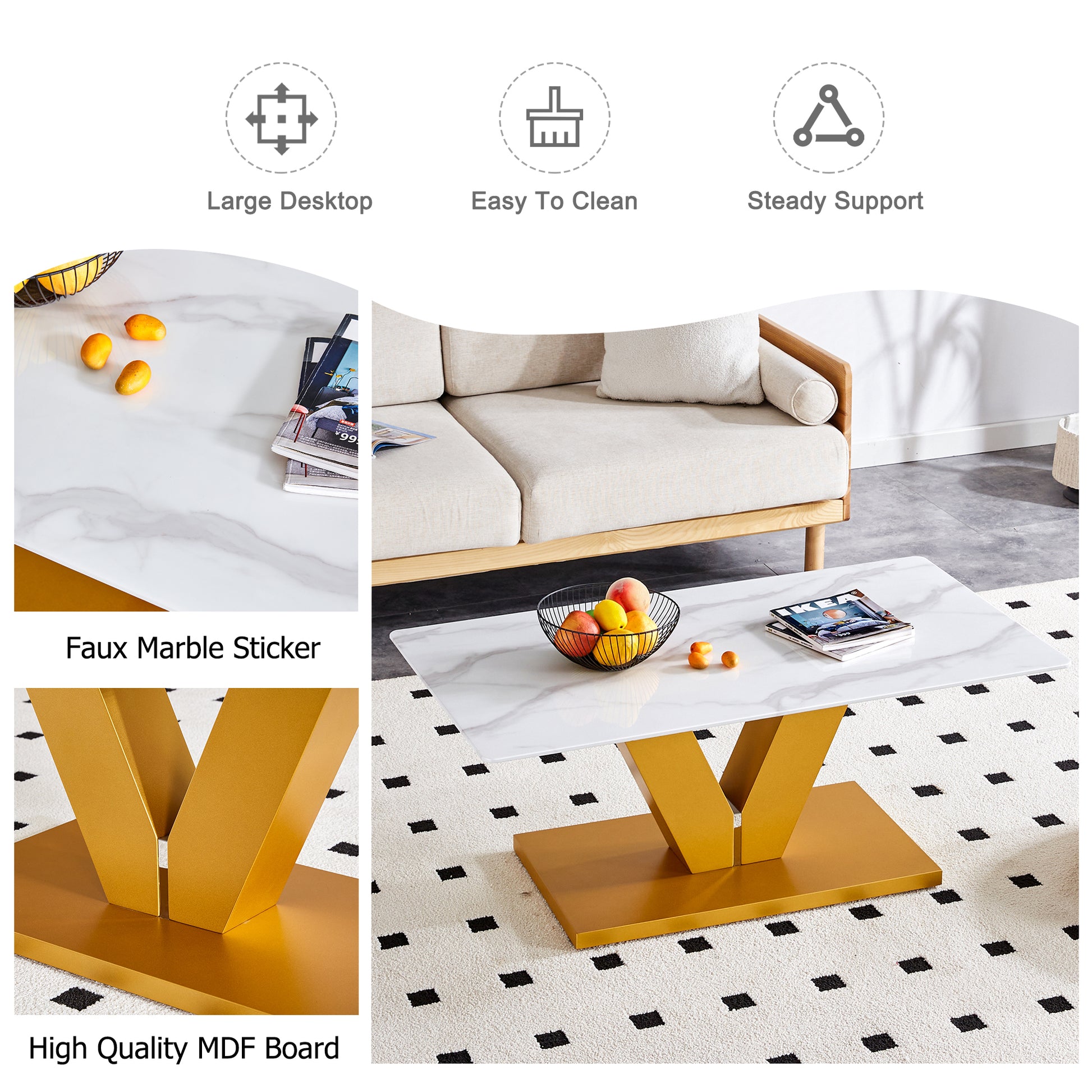 Modern Minimalist Coffee Table. Tempered Glass With Stickers Tabletop,Golden Mdf Pillars. Suitable For Living Room And Dining Room Gold Mdf Glass