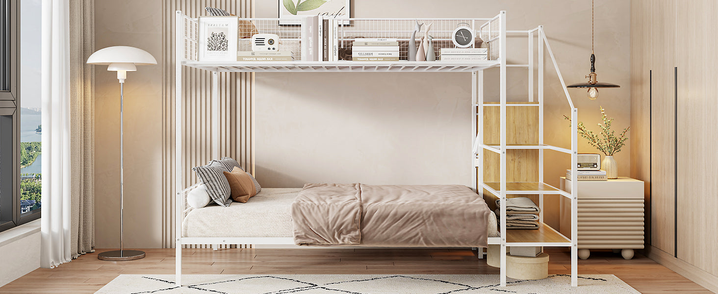 Twin Over Full Metal Bunk Bed With Wire Shelving And Lateral Storage Ladder And Wardrobe, White White Metal