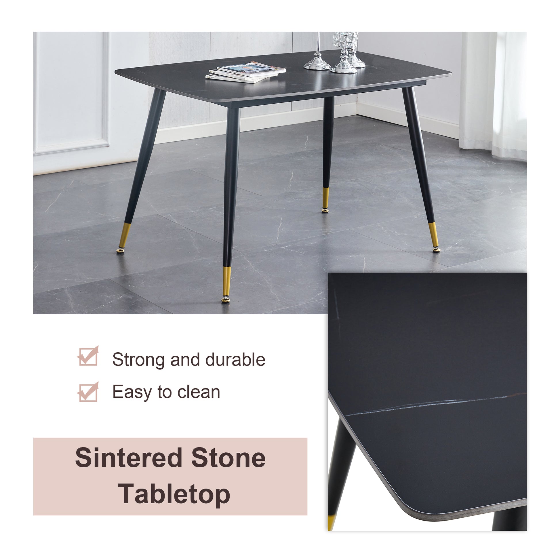 Table And Chair Set. Large Modern Rectangular Table With Black Textured Top And Black Metal Legs. Soft And Comfortable Pu Seats, Faux Leather Upholstered Seats And Sturdy Metal Legs. White Black Seats 4 Sintered Stone