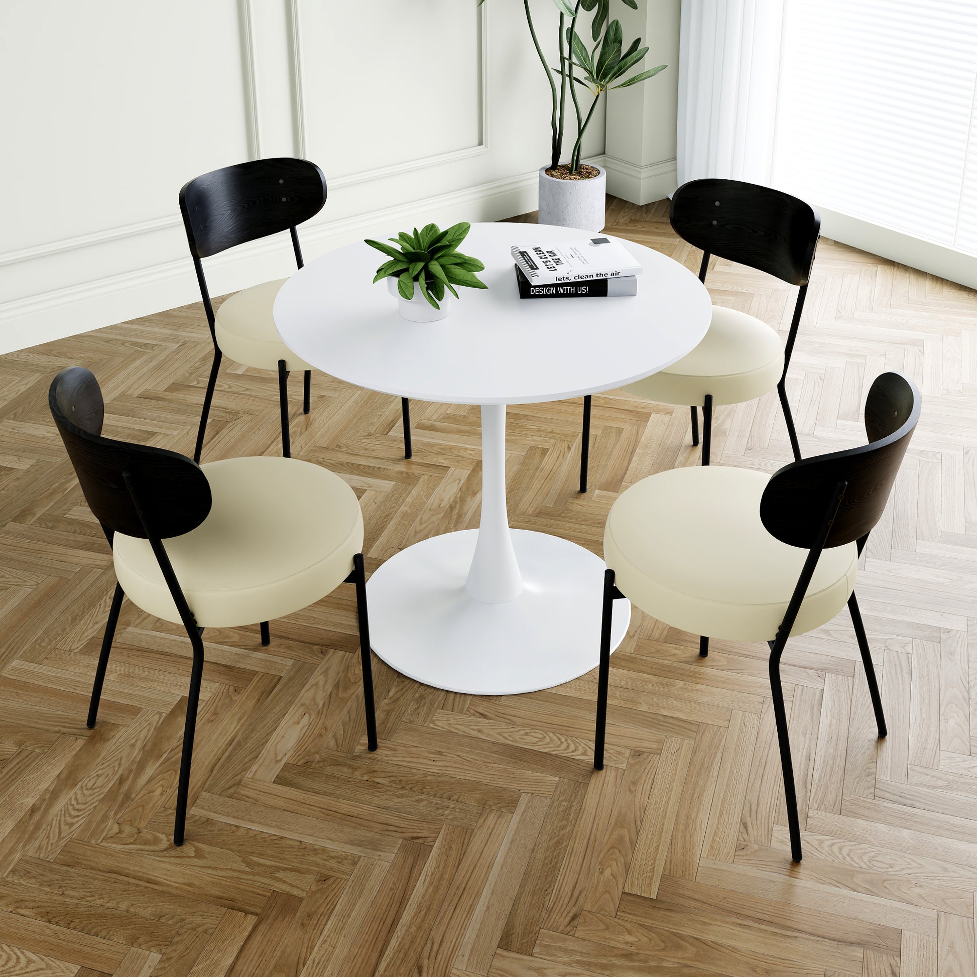 Modern Grey Simple Pu Dining Chair Upholstered Chair Family Bedroom Stool Back Dressing, White Round Table Set, Bentwood Covered With Ash Veneer Chair Back, Chair Black Metal Legs Set Of 5 White Mdf