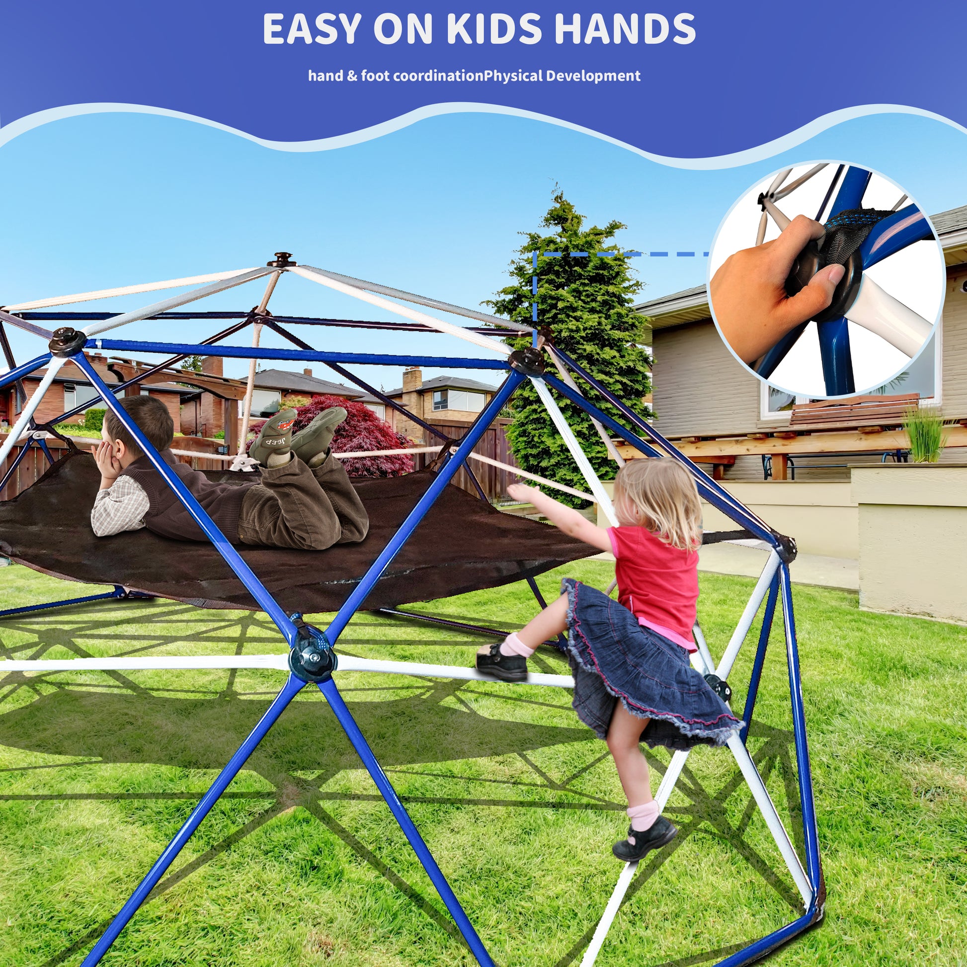 10Ft Climbing Dome For Kids Jungle Gym Apply To Park Dome Climber With Hammock Playground Equipment Colorful 200 Lbs & Over Modern 5 To 8 Years Metal Outdoor