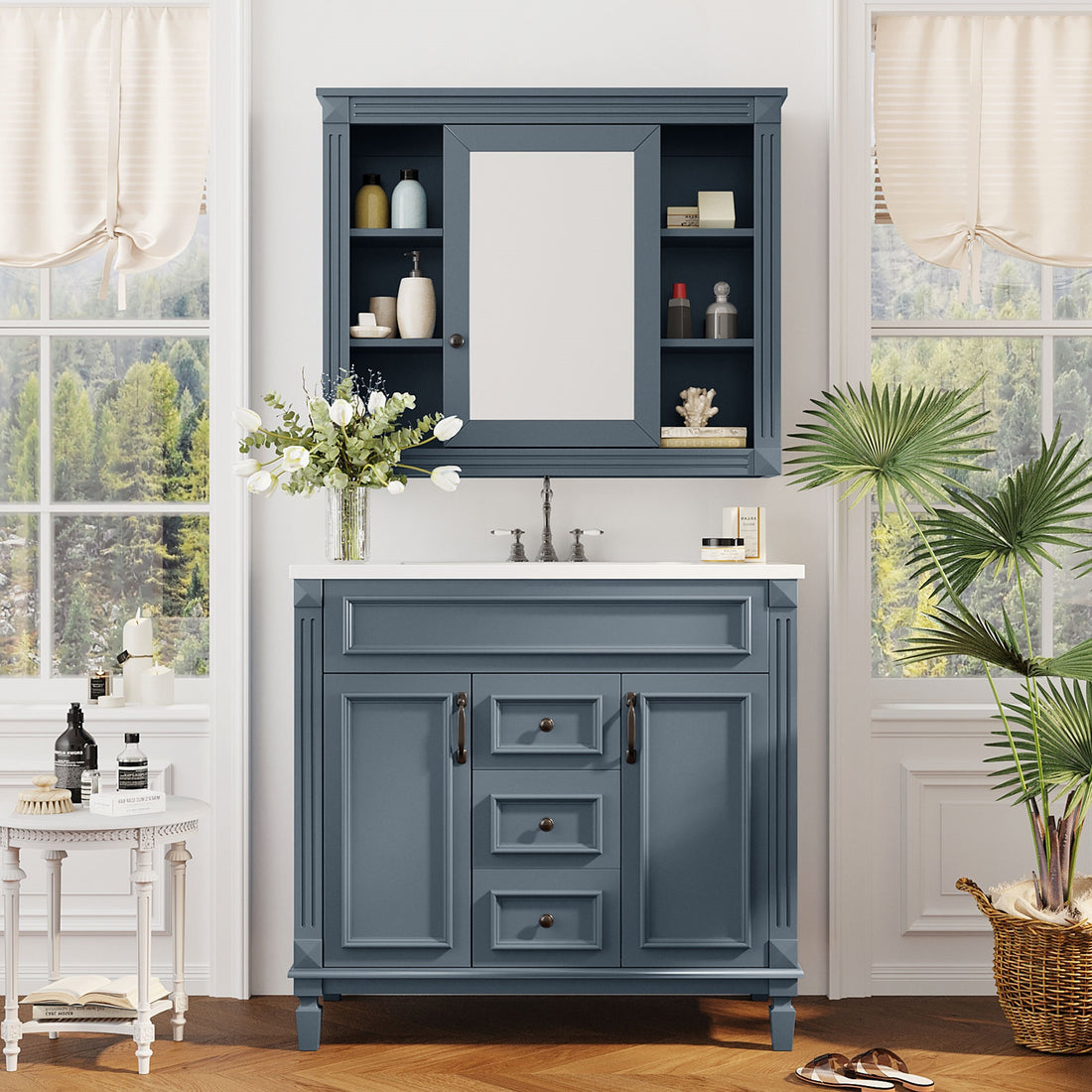 36'' Bathroom Vanity With Top Sink, Royal Blue Mirror Cabinet, Modern Bathroom Storage Cabinet With 2 Soft Closing Doors And 2 Drawers, Single Sink Bathroom Vanity Blue Bathroom Modern Solid Wood
