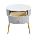 19.6'' Easy Assembly End Tables With High Gloss Faux Marble Tabletops, Set Of 2, Modern Fluted 2 Side Tables With Drawers, Round Coffee Tables With Golden Legs For Living Room, Grey Grey Gold Primary Living Space Drawers Round Mdf Iron